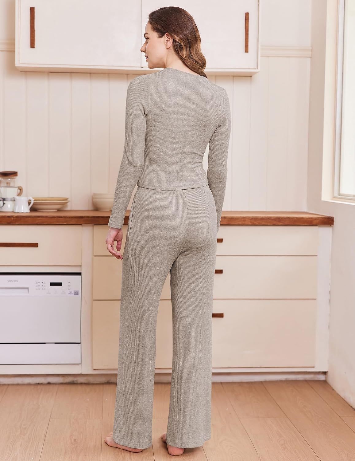 image:imageEkouaer Pajamas for Women Set Long Sleeve Ribbed Knit Fall Lounge Set Slim Fit Tops and Wide Leg Pants with Pockets Soft Pjs Casual Loungewear 2 Piece Matching SetKhaki