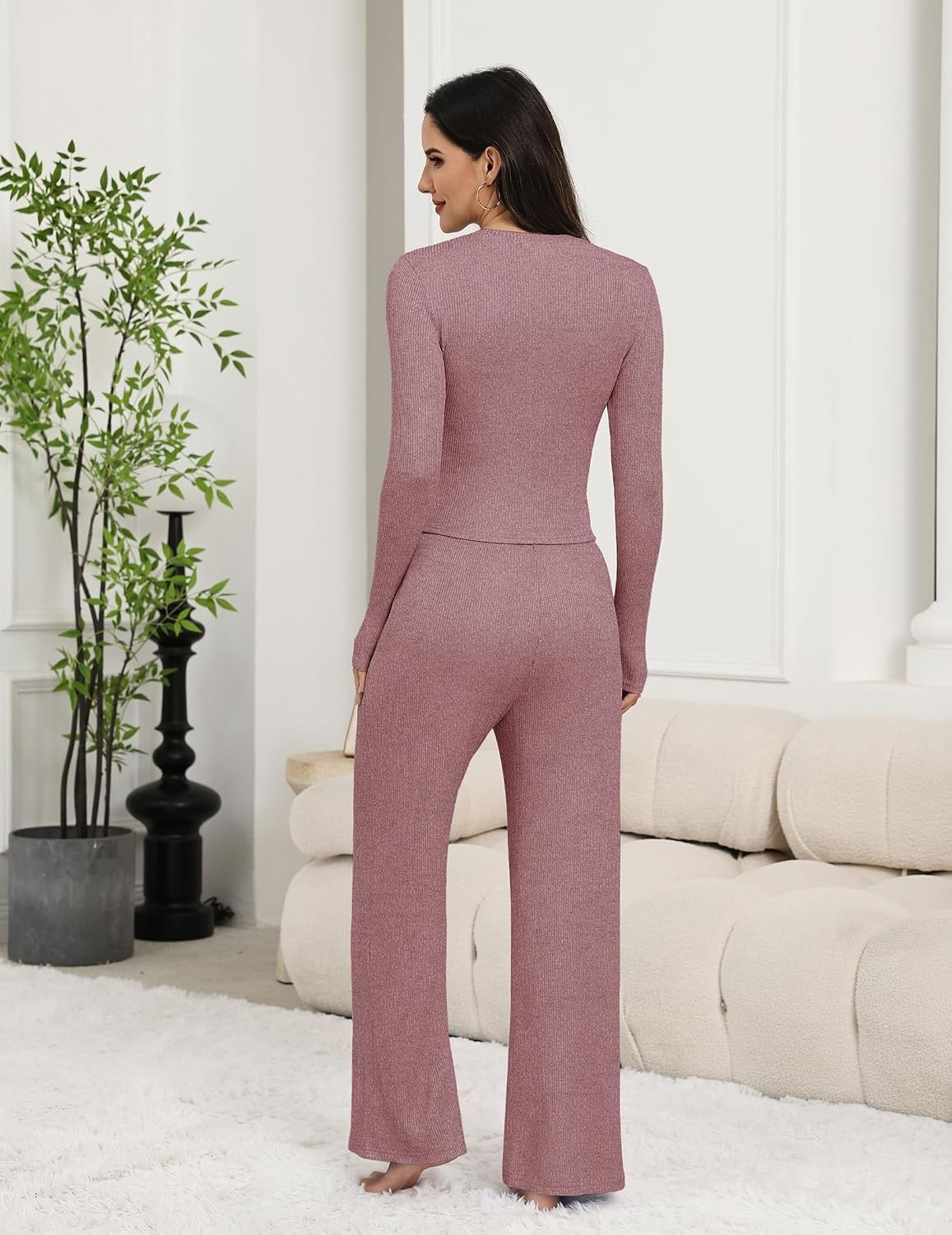 image:imageEkouaer Pajamas for Women Set Long Sleeve Ribbed Knit Fall Lounge Set Slim Fit Tops and Wide Leg Pants with Pockets Soft Pjs Casual Loungewear 2 Piece Matching SetDusty Rose