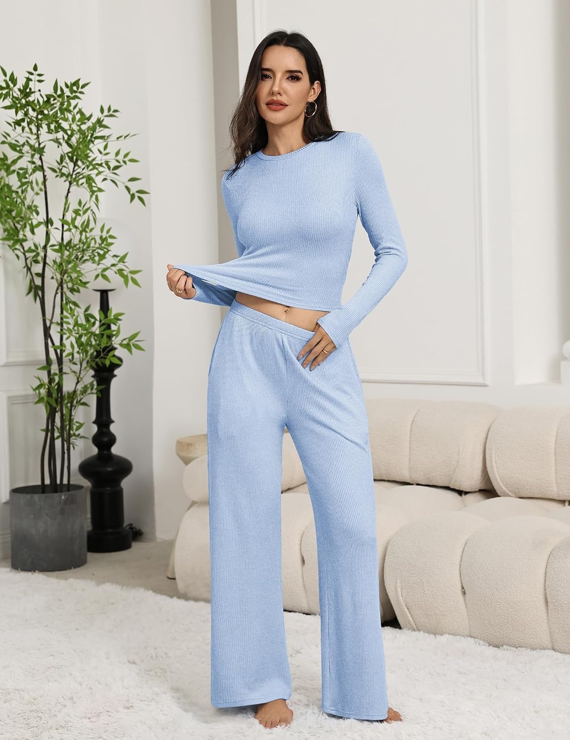 image:imageEkouaer Pajamas for Women Set Long Sleeve Ribbed Knit Fall Lounge Set Slim Fit Tops and Wide Leg Pants with Pockets Soft Pjs Casual Loungewear 2 Piece Matching SetLight Bule