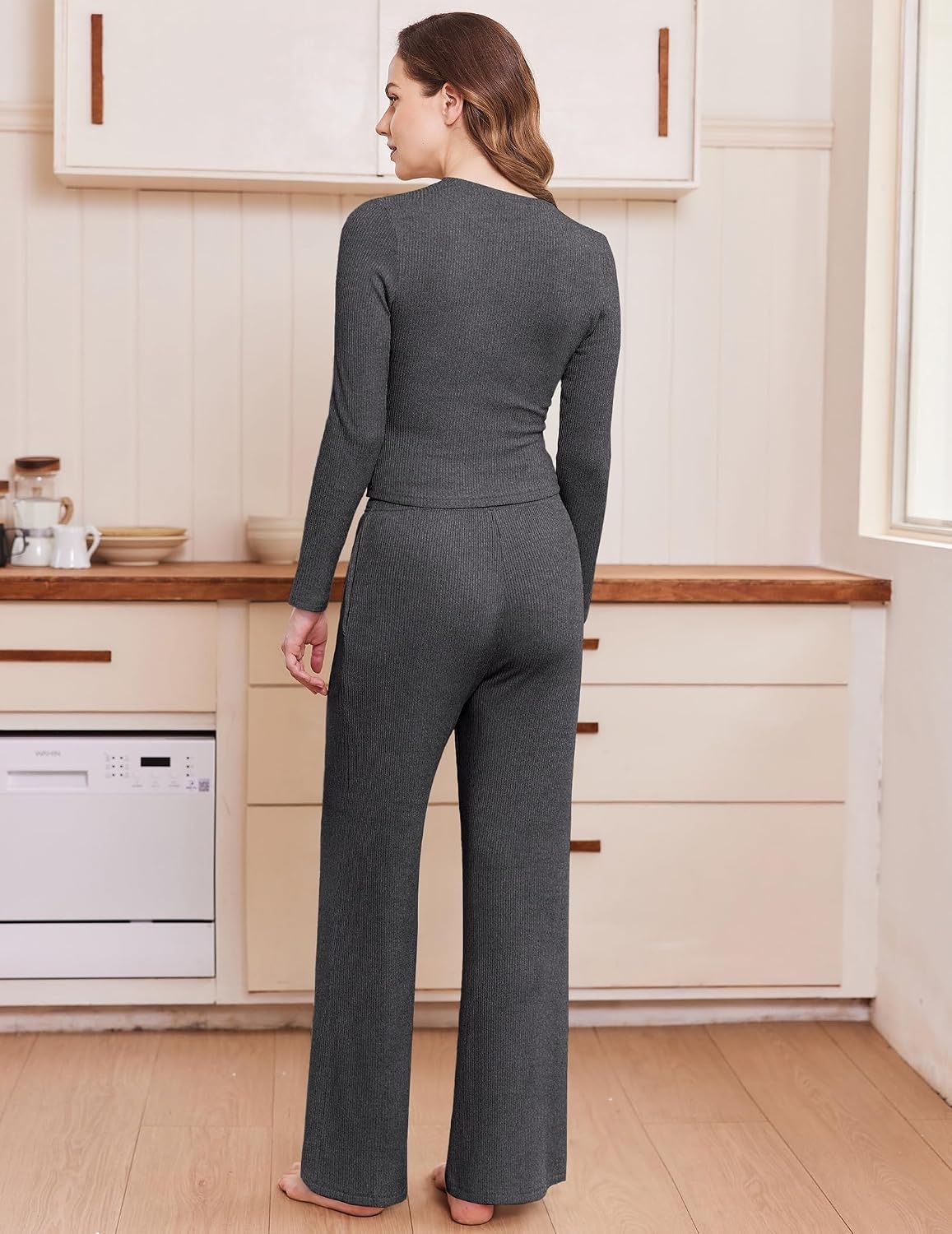 image:imageEkouaer Pajamas for Women Set Long Sleeve Ribbed Knit Fall Lounge Set Slim Fit Tops and Wide Leg Pants with Pockets Soft Pjs Casual Loungewear 2 Piece Matching SetDark Gray