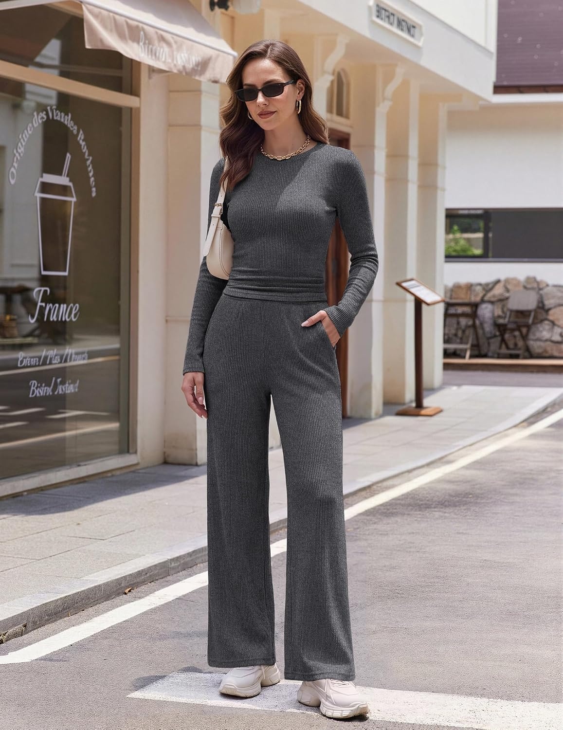 image:imageEkouaer Pajamas for Women Set Long Sleeve Ribbed Knit Fall Lounge Set Slim Fit Tops and Wide Leg Pants with Pockets Soft Pjs Casual Loungewear 2 Piece Matching SetDark Gray