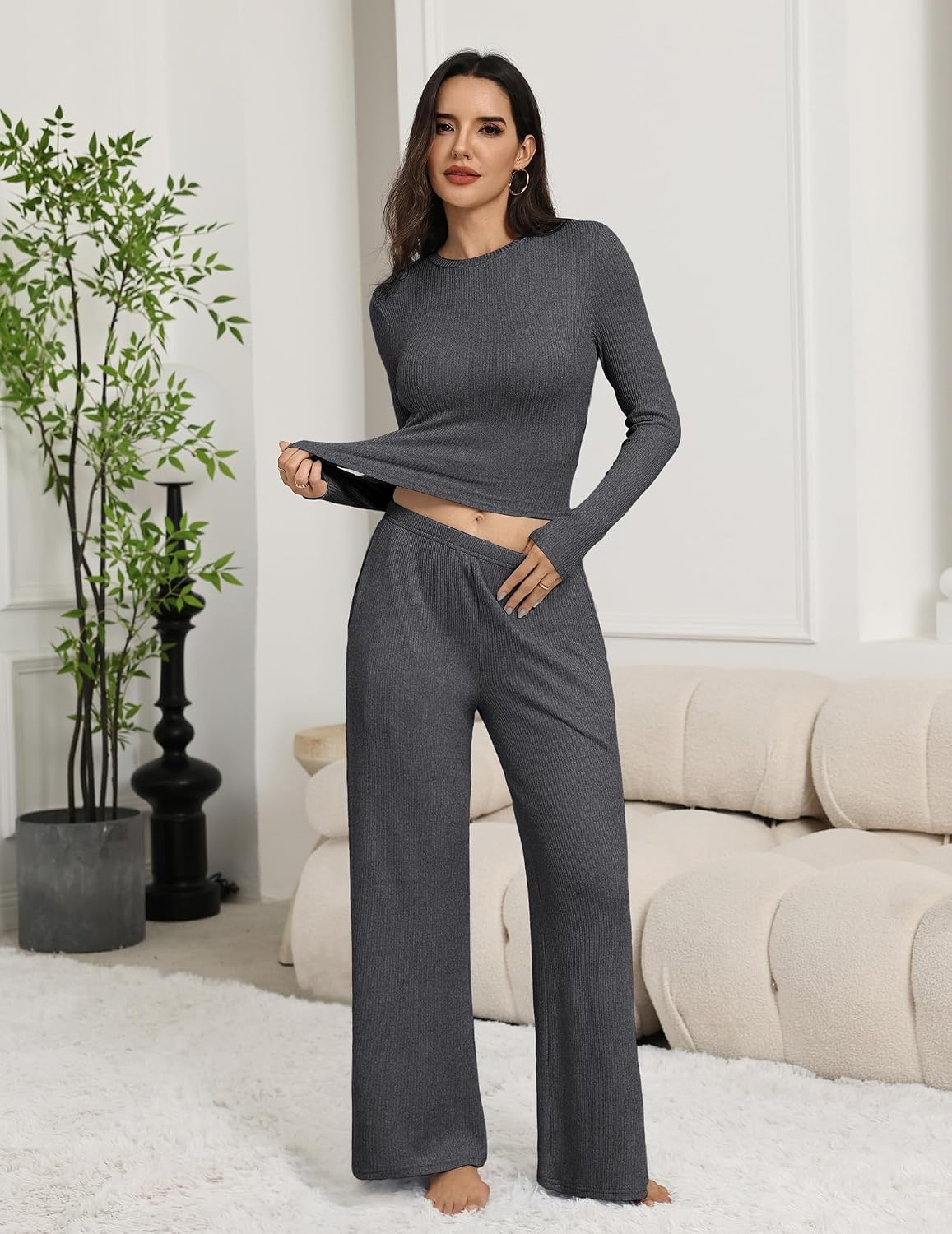 image:imageEkouaer Pajamas for Women Set Long Sleeve Ribbed Knit Fall Lounge Set Slim Fit Tops and Wide Leg Pants with Pockets Soft Pjs Casual Loungewear 2 Piece Matching SetDark Gray
