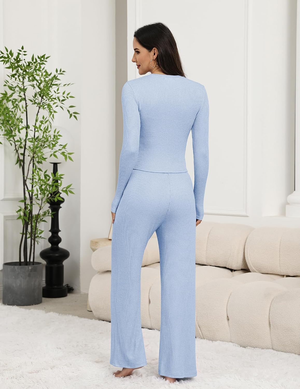 image:imageEkouaer Pajamas for Women Set Long Sleeve Ribbed Knit Fall Lounge Set Slim Fit Tops and Wide Leg Pants with Pockets Soft Pjs Casual Loungewear 2 Piece Matching SetLight Bule