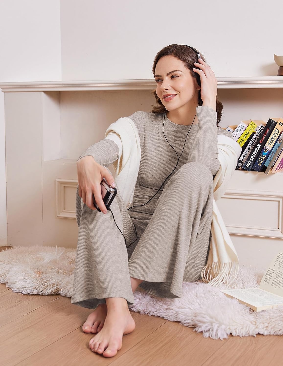 image:imageEkouaer Pajamas for Women Set Long Sleeve Ribbed Knit Fall Lounge Set Slim Fit Tops and Wide Leg Pants with Pockets Soft Pjs Casual Loungewear 2 Piece Matching SetKhaki