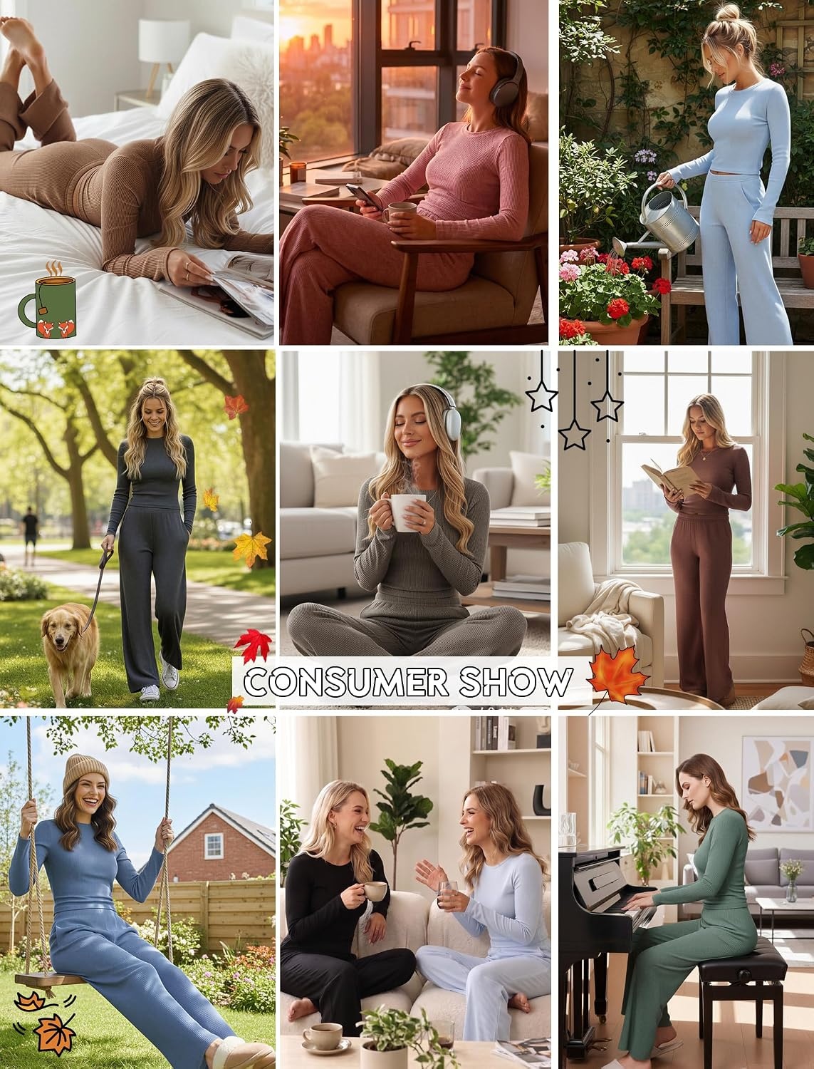 image:imageEkouaer Pajamas for Women Set Long Sleeve Ribbed Knit Fall Lounge Set Slim Fit Tops and Wide Leg Pants with Pockets Soft Pjs Casual Loungewear 2 Piece Matching SetLight Bule