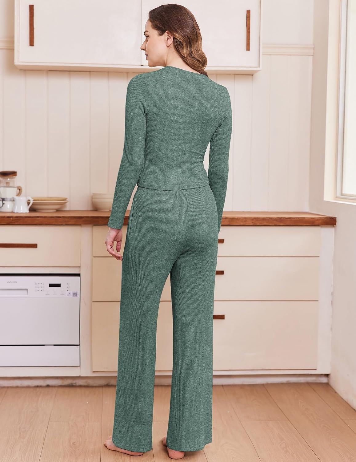image:imageEkouaer Pajamas for Women Set Long Sleeve Ribbed Knit Fall Lounge Set Slim Fit Tops and Wide Leg Pants with Pockets Soft Pjs Casual Loungewear 2 Piece Matching SetGreen
