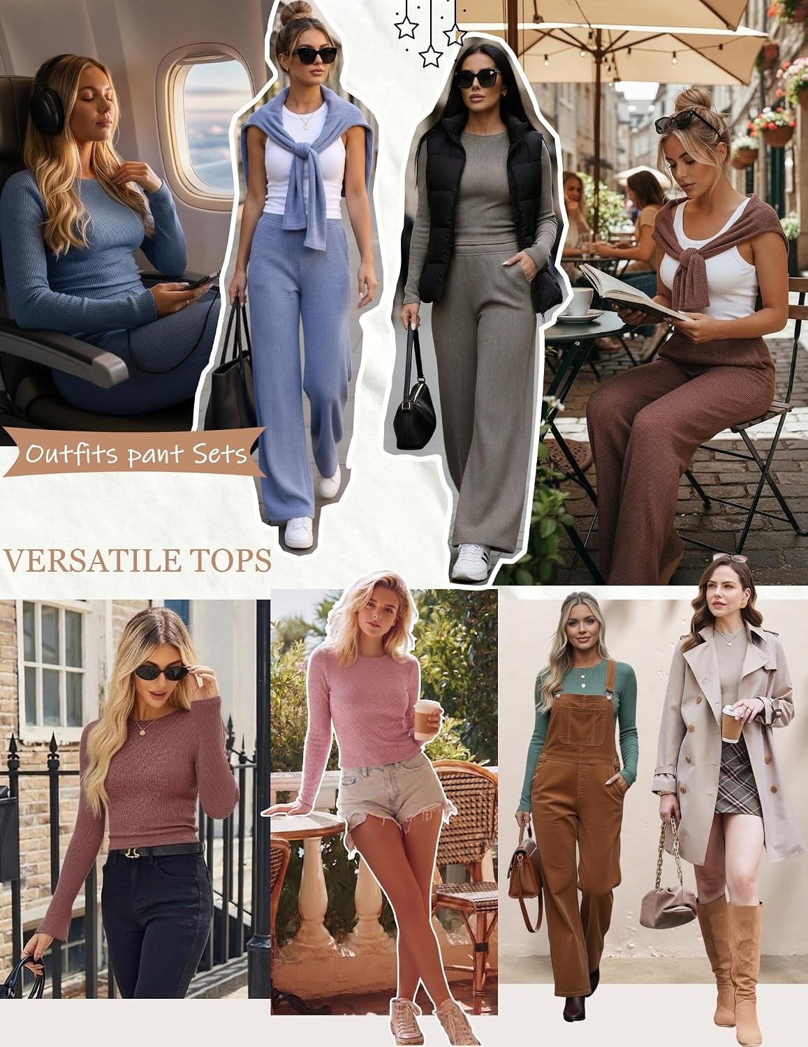image:imageEkouaer Pajamas for Women Set Long Sleeve Ribbed Knit Fall Lounge Set Slim Fit Tops and Wide Leg Pants with Pockets Soft Pjs Casual Loungewear 2 Piece Matching SetKhaki