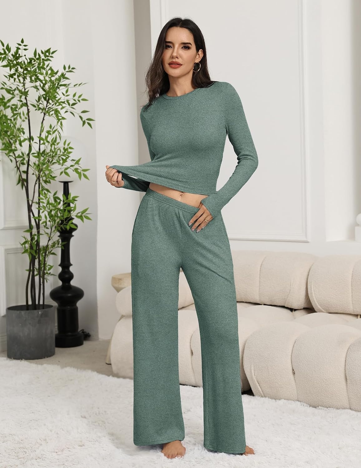 image:imageEkouaer Pajamas for Women Set Long Sleeve Ribbed Knit Fall Lounge Set Slim Fit Tops and Wide Leg Pants with Pockets Soft Pjs Casual Loungewear 2 Piece Matching SetGreen