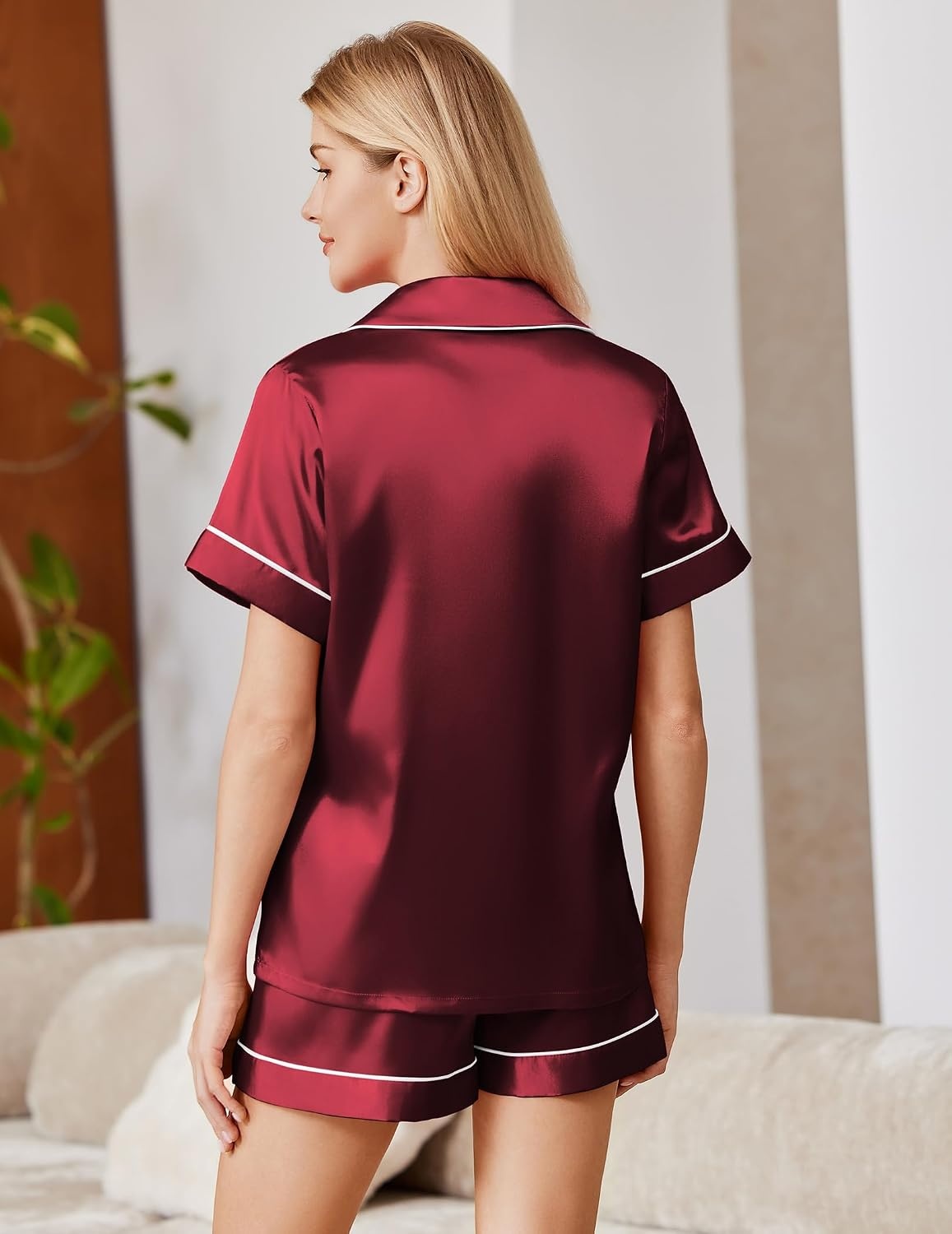 image:imageEkouaer Satin Pajamas for Women Silk Pjs Short Set 2 Piece Lounge Sets Short Sleeve Button Up SleepwearNotch CollarSleepBridalMaternityPostpartumWedding PartyDailyWorking from HomeGiftsWine