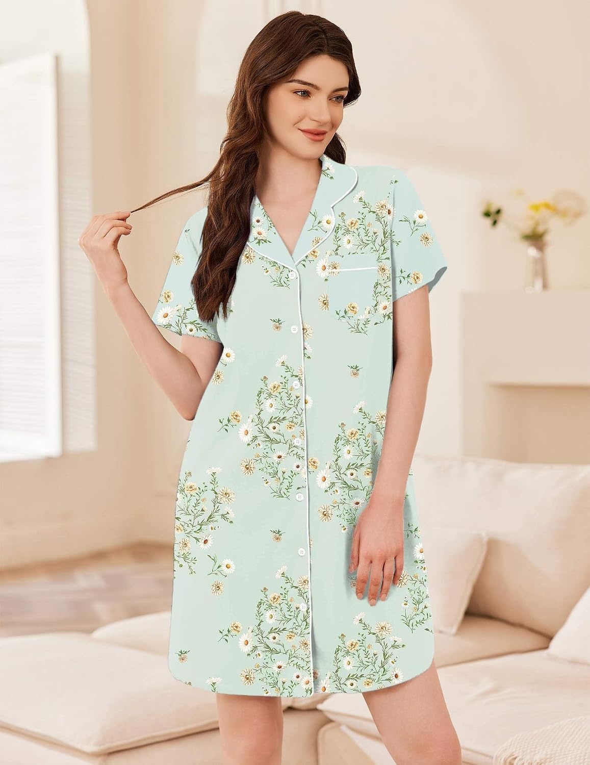image:imageEkouaer Womens Nightgown Button Down Nightshirt Short Sleeve Sleep Shirt Dress Boyfriend Sleepdress Soft Pajama DressLight Green Floral