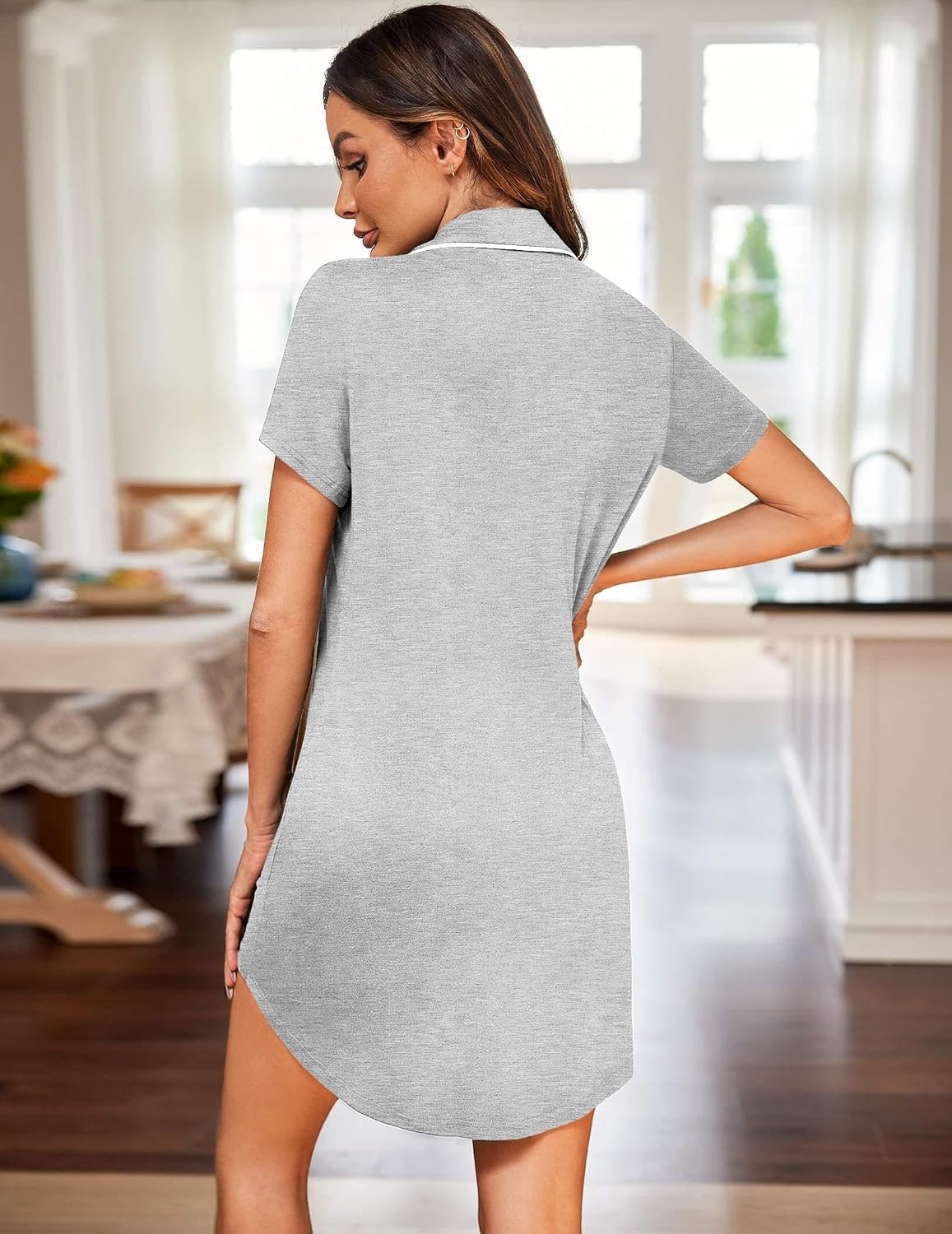 image:imageEkouaer Womens Nightgown Button Down Nightshirt Short Sleeve Sleep Shirt Dress Boyfriend Sleepdress Soft Pajama DressLight Grey