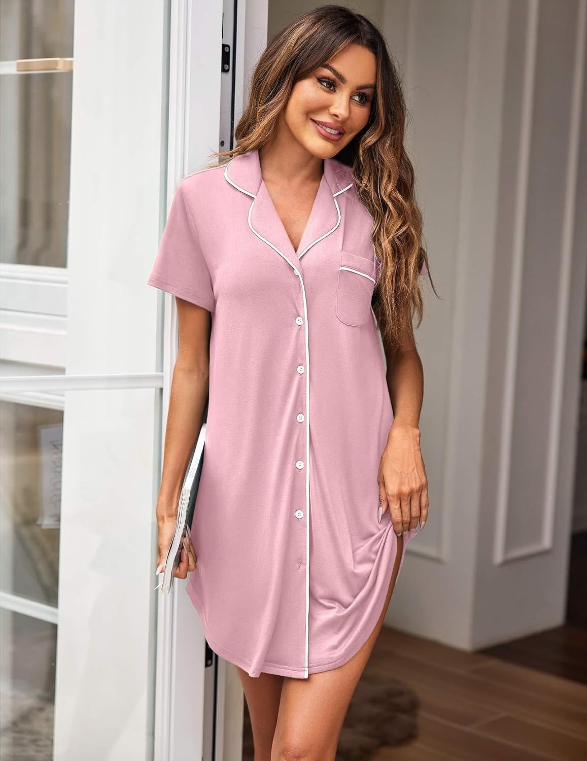 image:imageEkouaer Womens Nightgown Button Down Nightshirt Short Sleeve Sleep Shirt Dress Boyfriend Sleepdress Soft Pajama DressPink