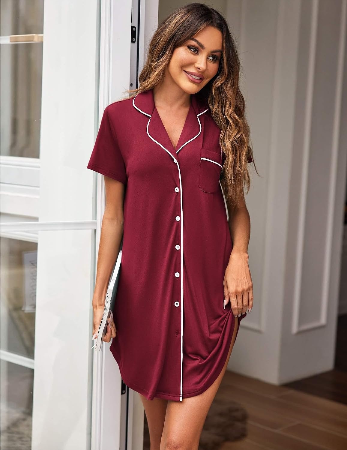 image:imageEkouaer Womens Nightgown Button Down Nightshirt Short Sleeve Sleep Shirt Dress Boyfriend Sleepdress Soft Pajama DressWine Red