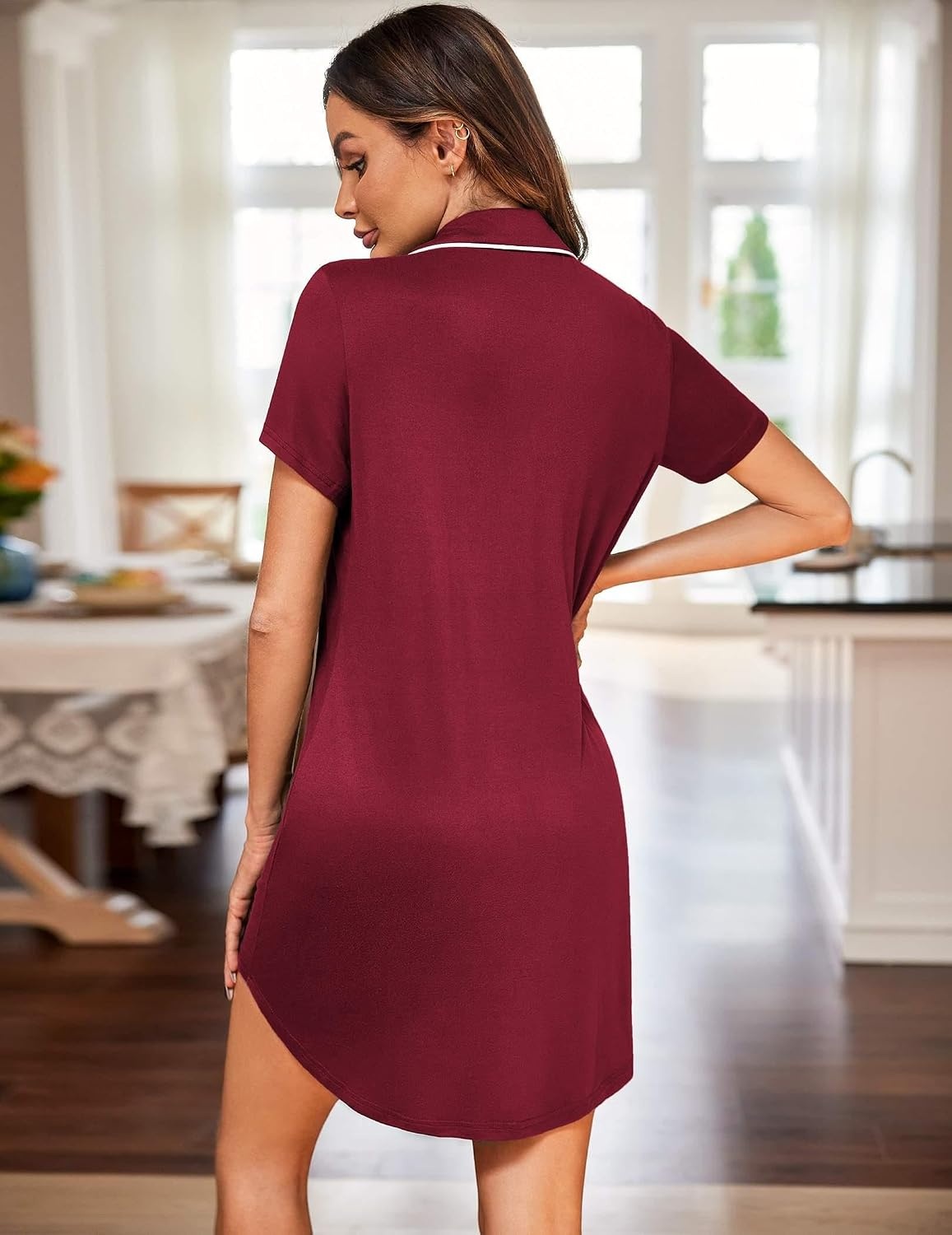 image:imageEkouaer Womens Nightgown Button Down Nightshirt Short Sleeve Sleep Shirt Dress Boyfriend Sleepdress Soft Pajama DressWine Red