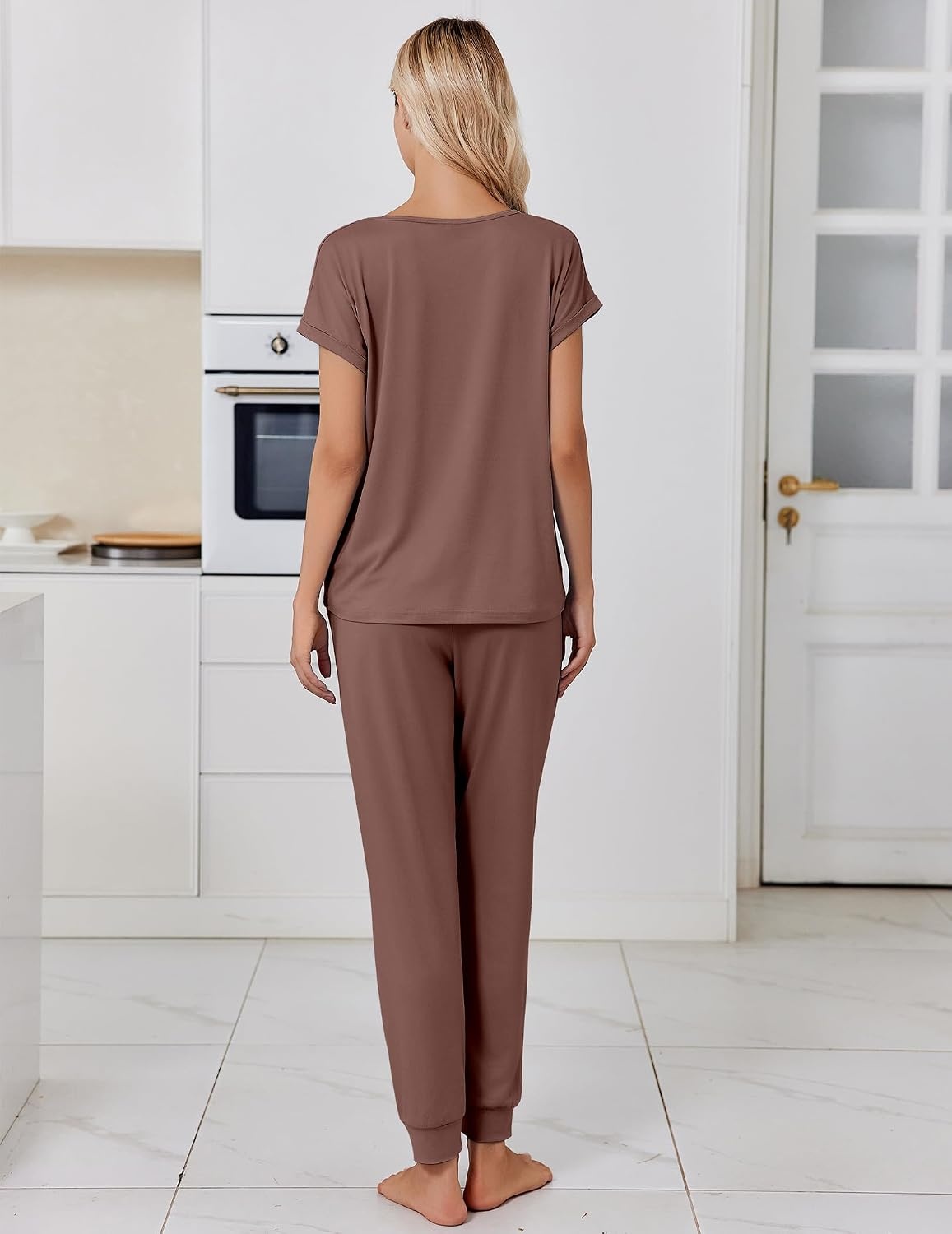 image:imageEkouaer Womens Pajama Sets 2 Piece Lounge Set Short Sleeve Jogger Pants PjsBrown