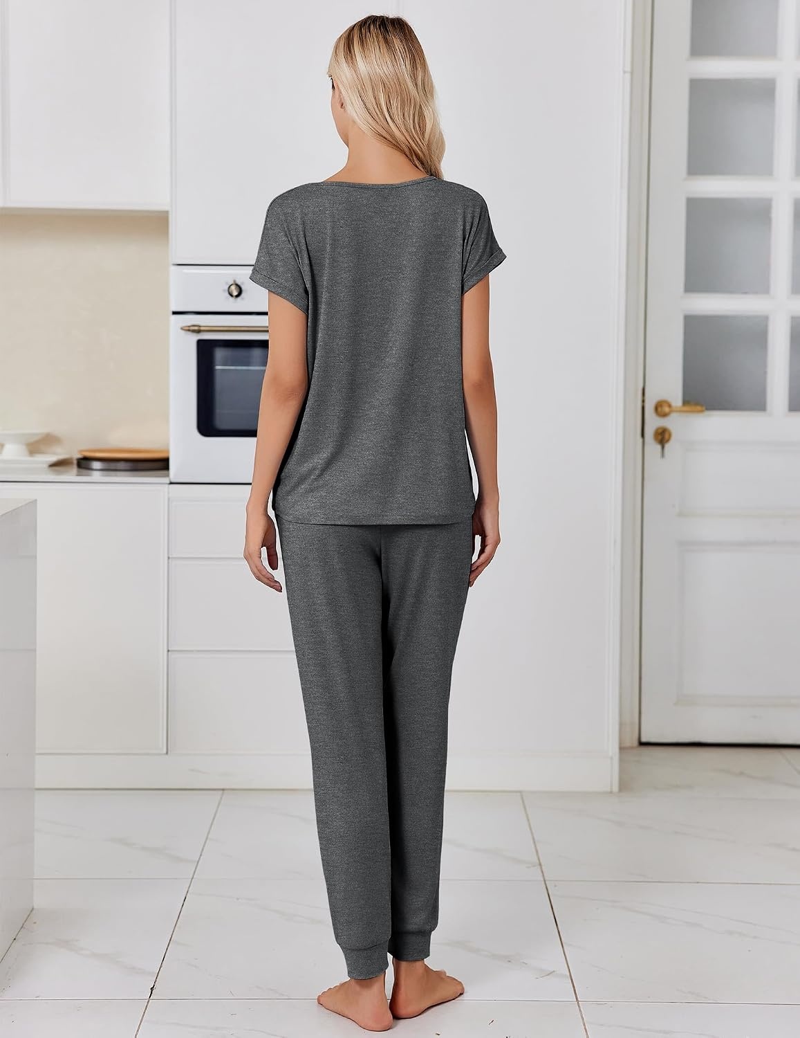 image:imageEkouaer Womens Pajama Sets 2 Piece Lounge Set Short Sleeve Jogger Pants PjsDark Grey