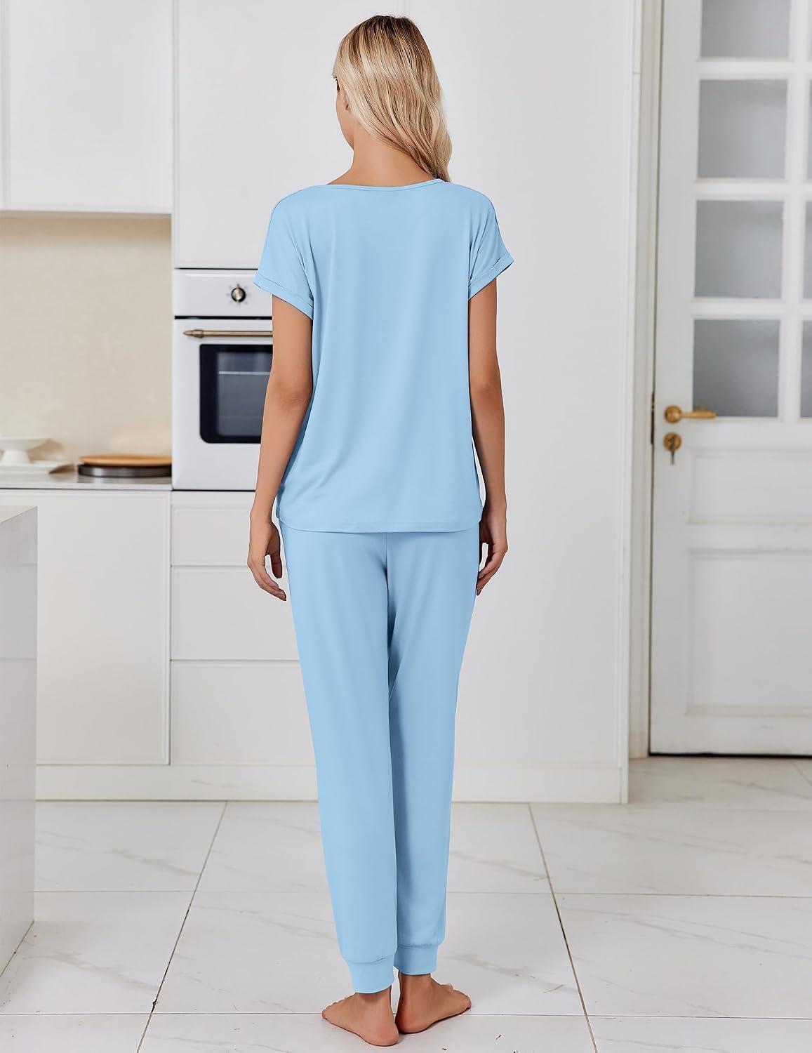 image:imageEkouaer Womens Pajama Sets 2 Piece Lounge Set Short Sleeve Jogger Pants PjsLight Blue