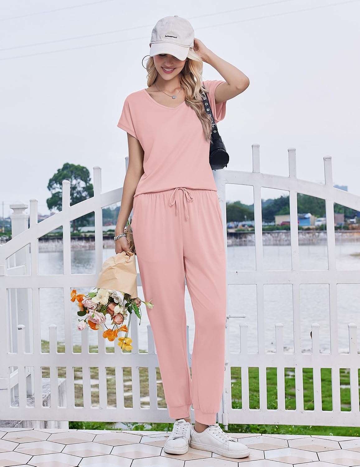 image:imageEkouaer Womens Pajama Sets 2 Piece Lounge Set Short Sleeve Jogger Pants PjsPink