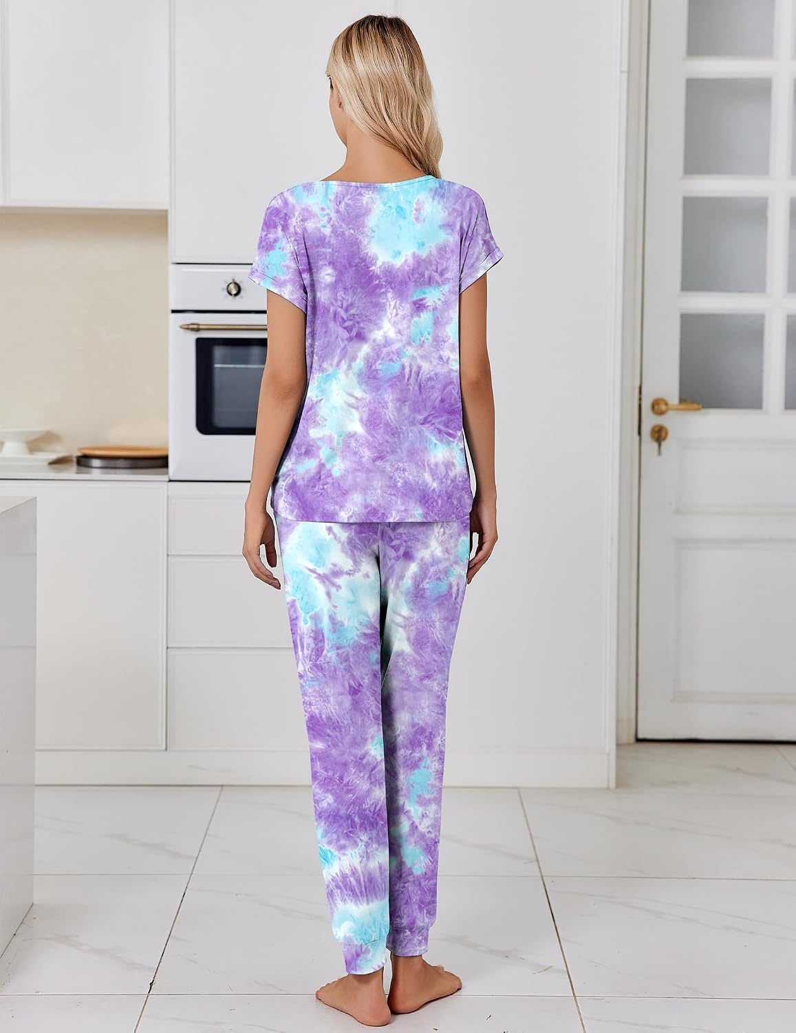 image:imageEkouaer Womens Pajama Sets 2 Piece Lounge Set Short Sleeve Jogger Pants PjsTiedye Purple