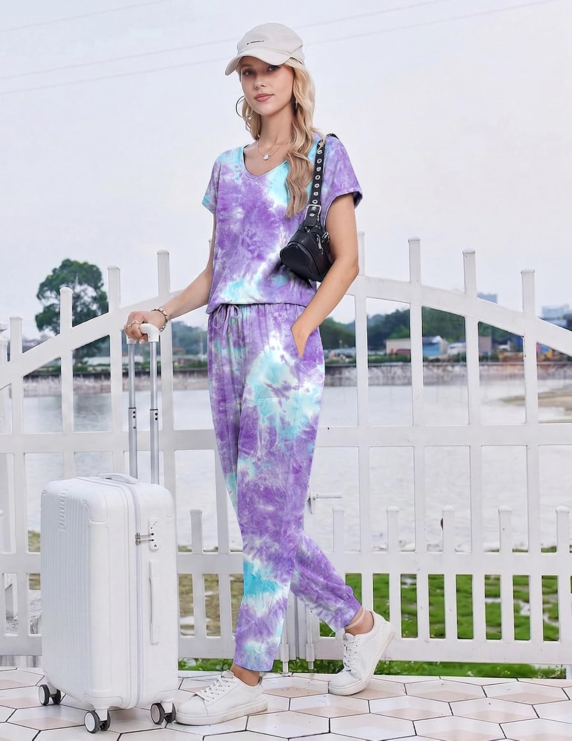 image:imageEkouaer Womens Pajama Sets 2 Piece Lounge Set Short Sleeve Jogger Pants PjsTiedye Purple