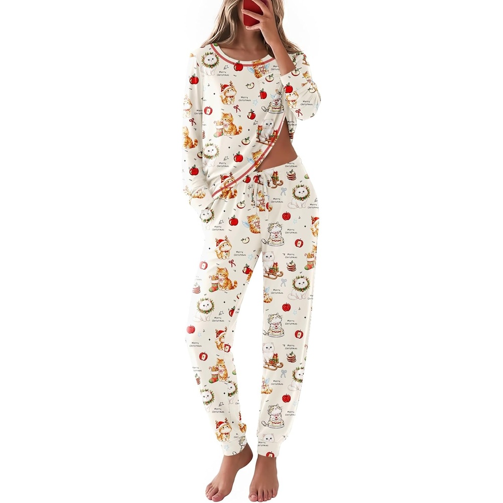 image:imageEkouaer Christmas Pajamas Women Holiday Long Sleeve Sleepwear Lounge Pj SetChristmas Apricot Kittens