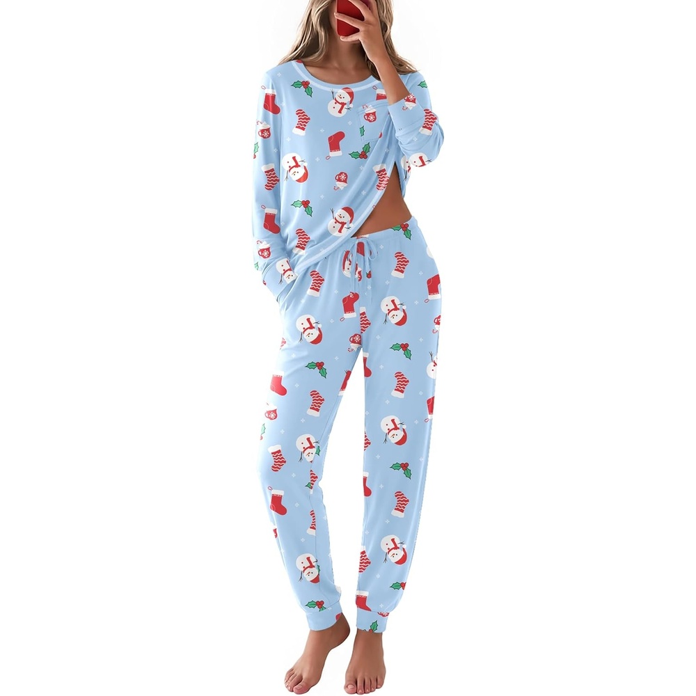 image:imageEkouaer Christmas Pajamas Women Holiday Long Sleeve Sleepwear Lounge Pj SetChristmas Light Blue Snowman
