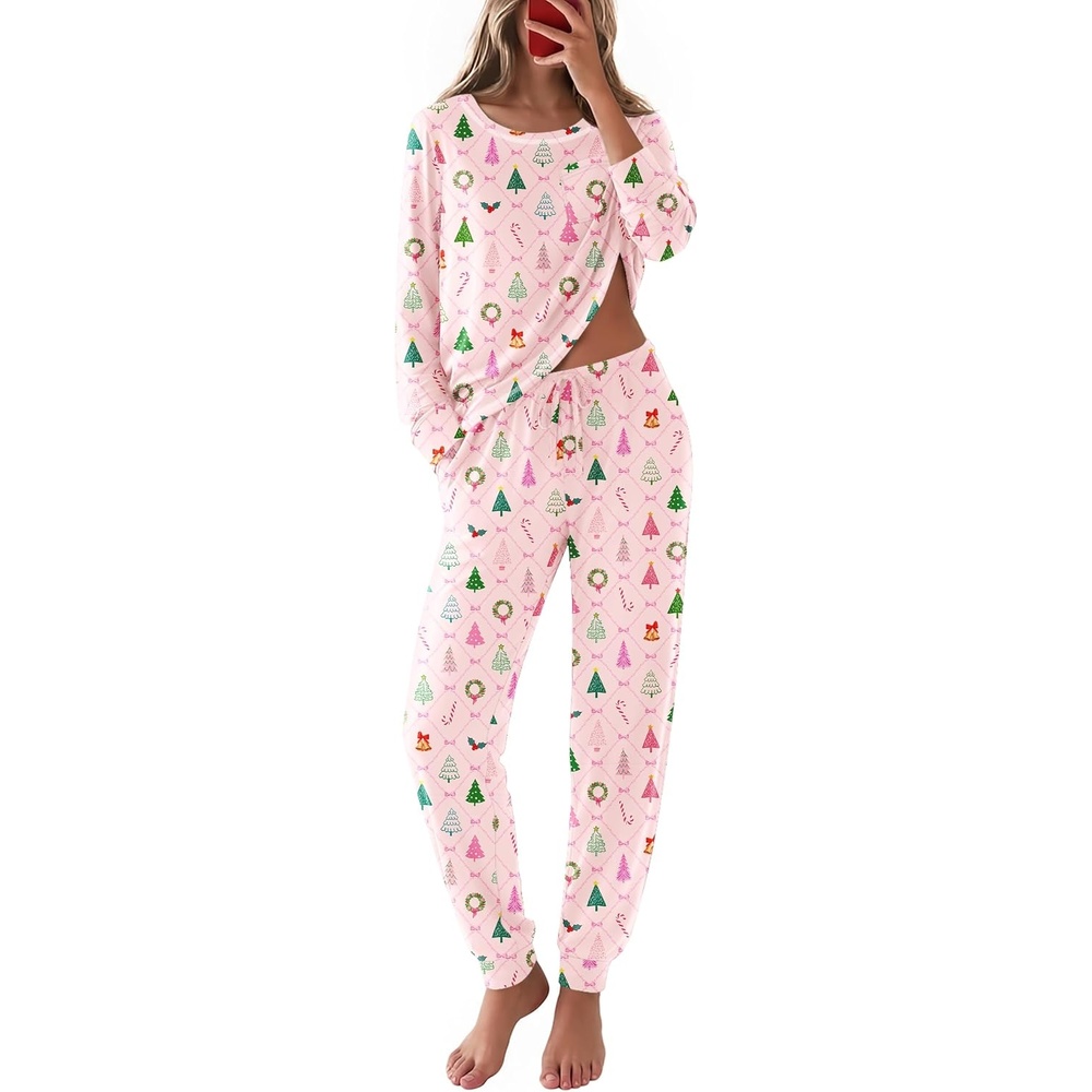 image:imageEkouaer Christmas Pajamas Women Holiday Long Sleeve Sleepwear Lounge Pj SetChristmas Tree on Pink