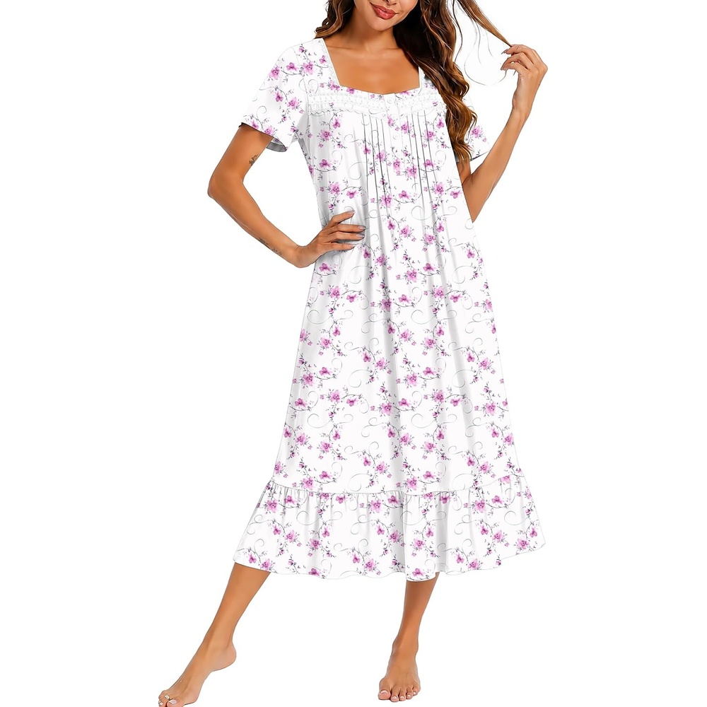 image:imageEkouaer Cotton Long Nightgowns for Women Short Sleeve Night Gown Button House Dress Lace Trim Soft Sleep ShirtWhite Pink Floral