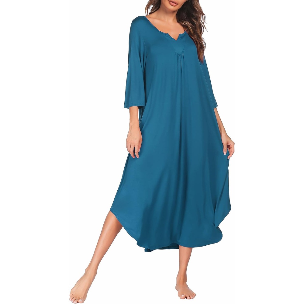 image:imageEkouaer Long Nightgowns for Women Plus Size 34 Sleeve Night Gown Winter Nightgown V Neck Sleepshirts Womens House Dress Maxi Night Shirts Soft Moo Moos for Women Full Length Lounge DressBlue Green