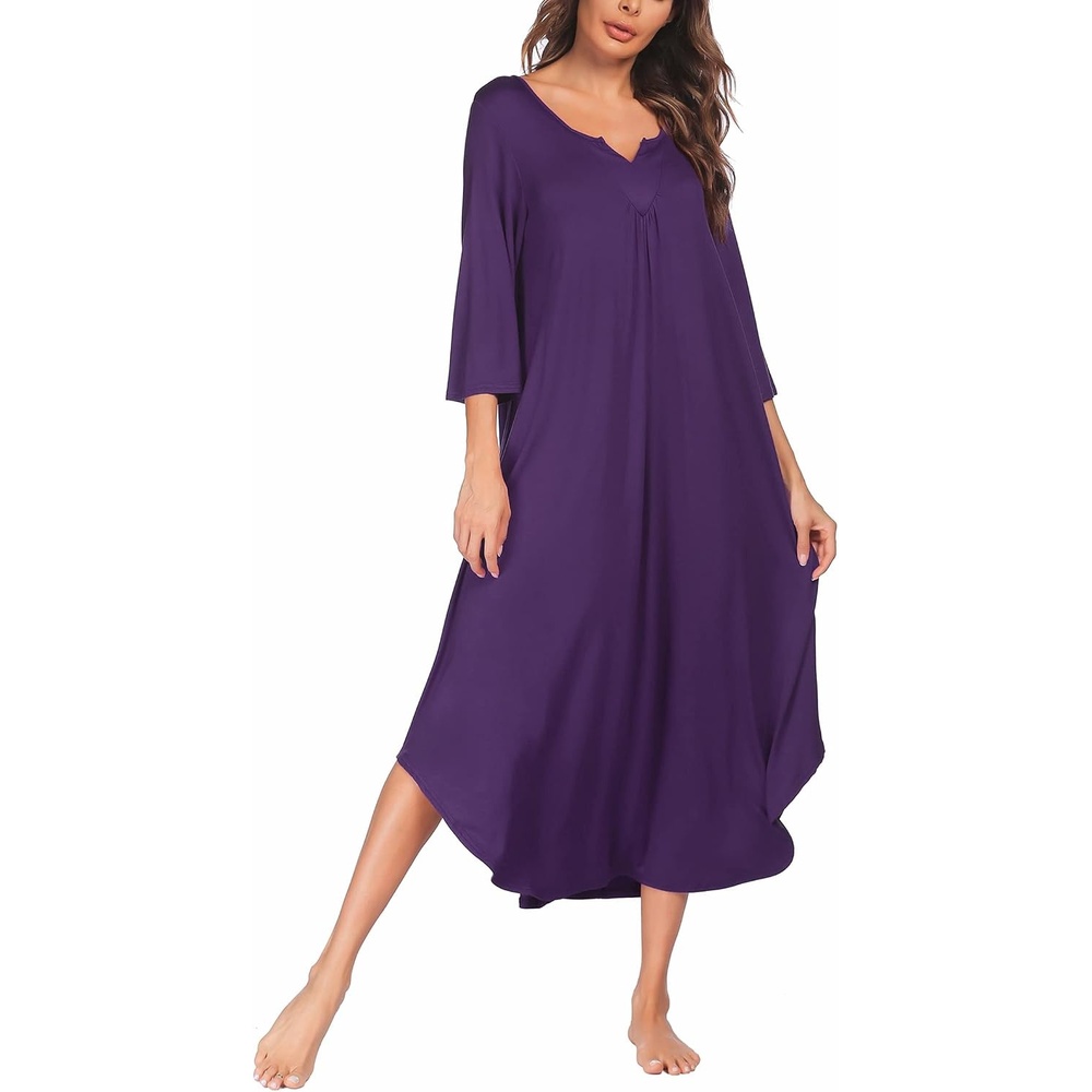 image:imageEkouaer Long Nightgowns for Women Plus Size 34 Sleeve Night Gown Winter Nightgown V Neck Sleepshirts Womens House Dress Maxi Night Shirts Soft Moo Moos for Women Full Length Lounge DressPurple