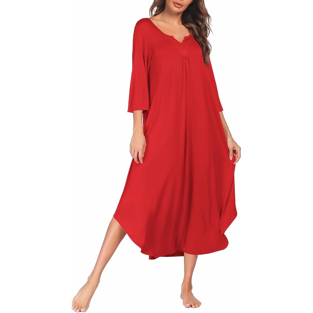 image:imageEkouaer Long Nightgowns for Women Plus Size 34 Sleeve Night Gown Winter Nightgown V Neck Sleepshirts Womens House Dress Maxi Night Shirts Soft Moo Moos for Women Full Length Lounge DressPonceau