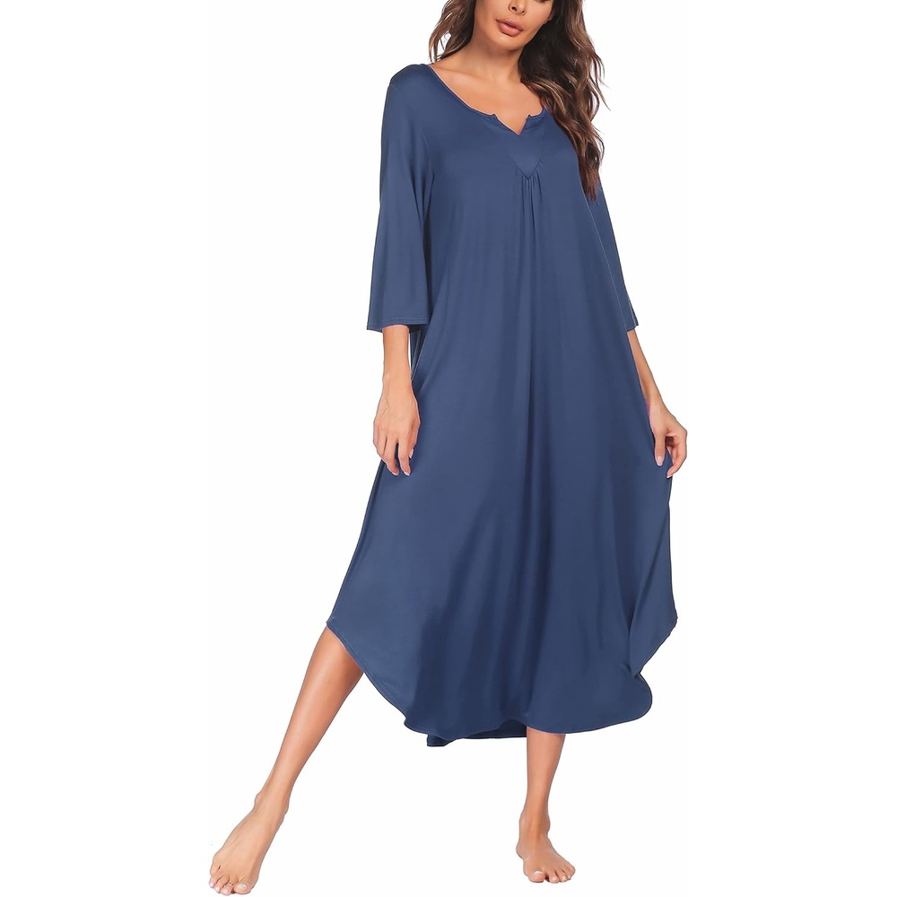image:imageEkouaer Long Nightgowns for Women Plus Size 34 Sleeve Night Gown Winter Nightgown V Neck Sleepshirts Womens House Dress Maxi Night Shirts Soft Moo Moos for Women Full Length Lounge DressNavy Blue
