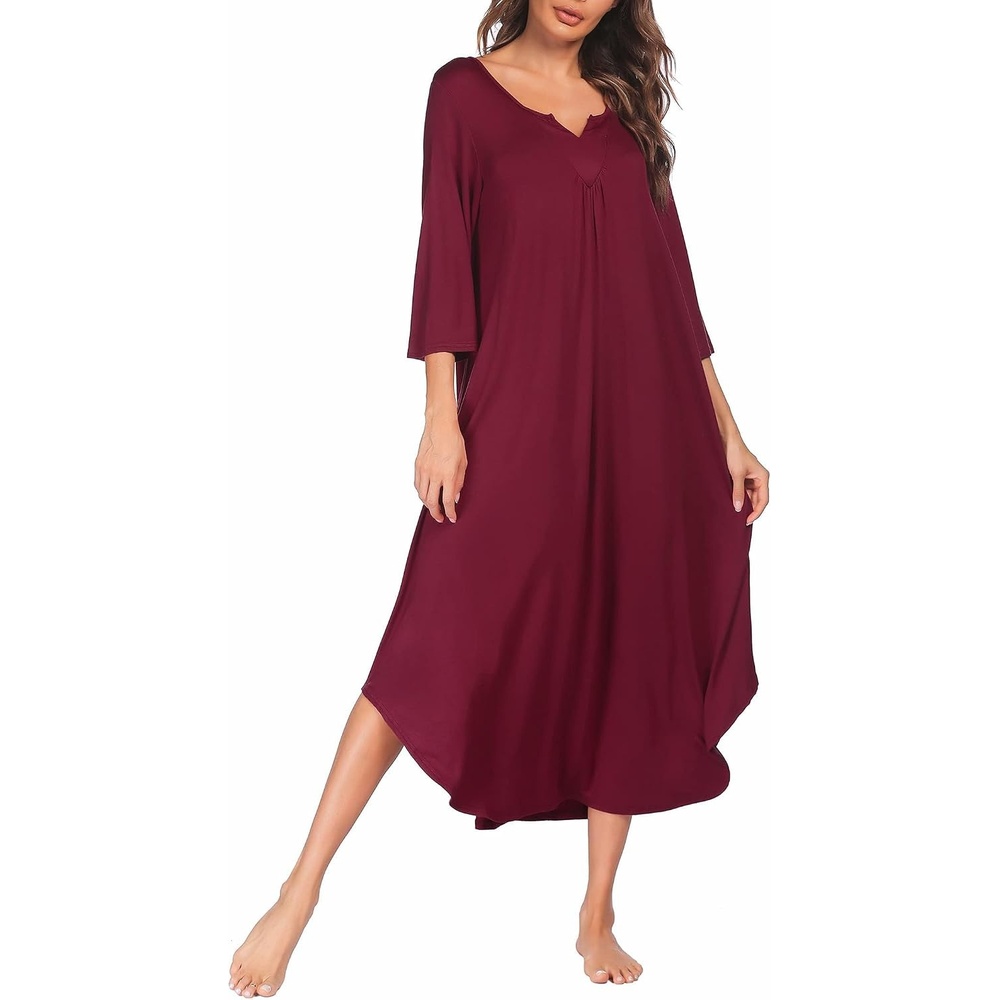 image:imageEkouaer Long Nightgowns for Women Plus Size 34 Sleeve Night Gown Winter Nightgown V Neck Sleepshirts Womens House Dress Maxi Night Shirts Soft Moo Moos for Women Full Length Lounge DressWine Red