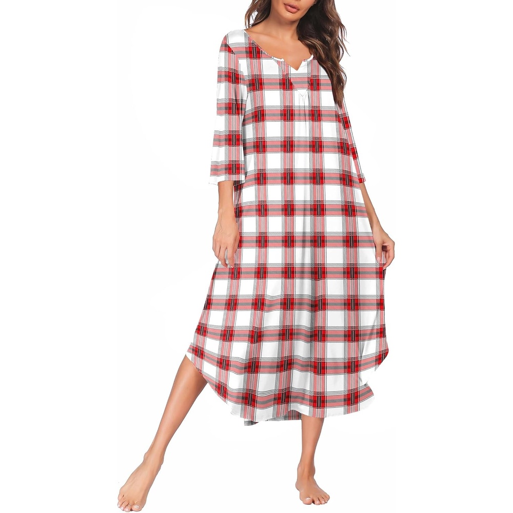 image:imageEkouaer Long Nightgowns for Women Plus Size 34 Sleeve Night Gown Winter Nightgown V Neck Sleepshirts Womens House Dress Maxi Night Shirts Soft Moo Moos for Women Full Length Lounge DressWhite Plaid