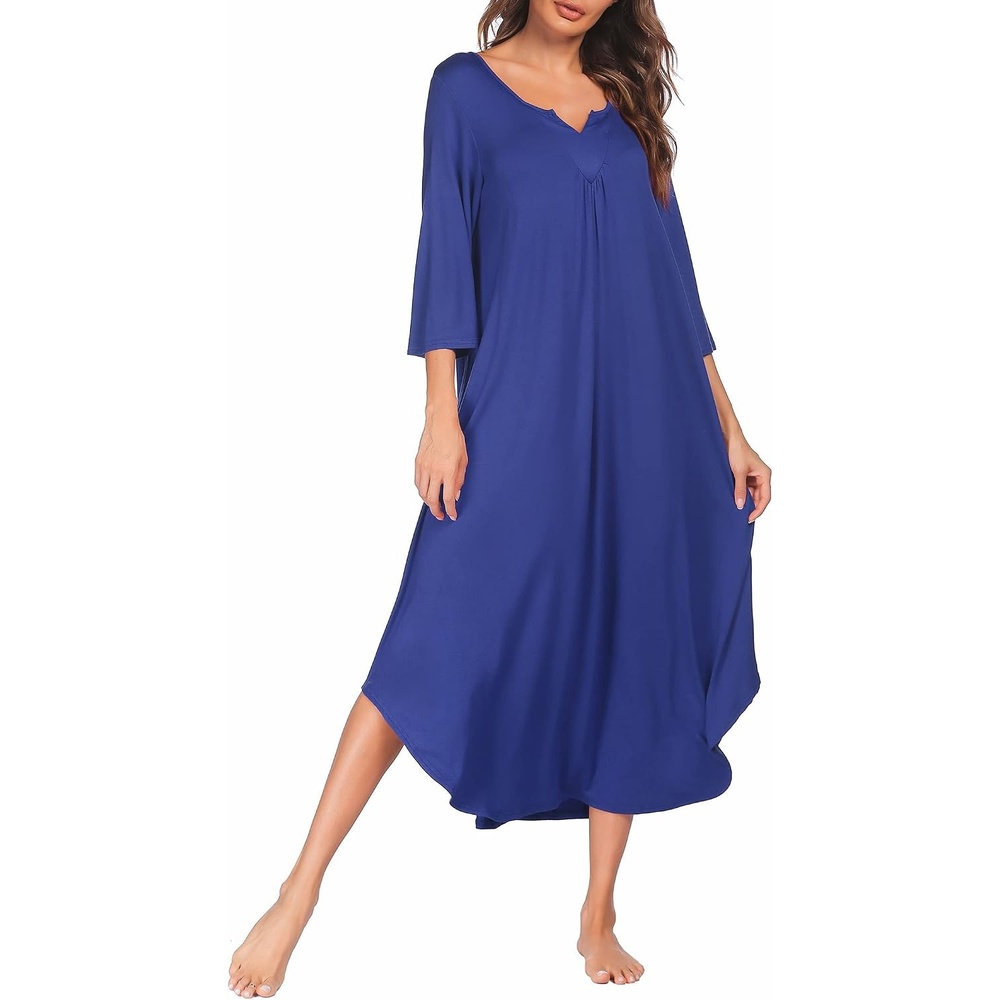 image:imageEkouaer Long Nightgowns for Women Plus Size 34 Sleeve Night Gown Winter Nightgown V Neck Sleepshirts Womens House Dress Maxi Night Shirts Soft Moo Moos for Women Full Length Lounge DressBlue