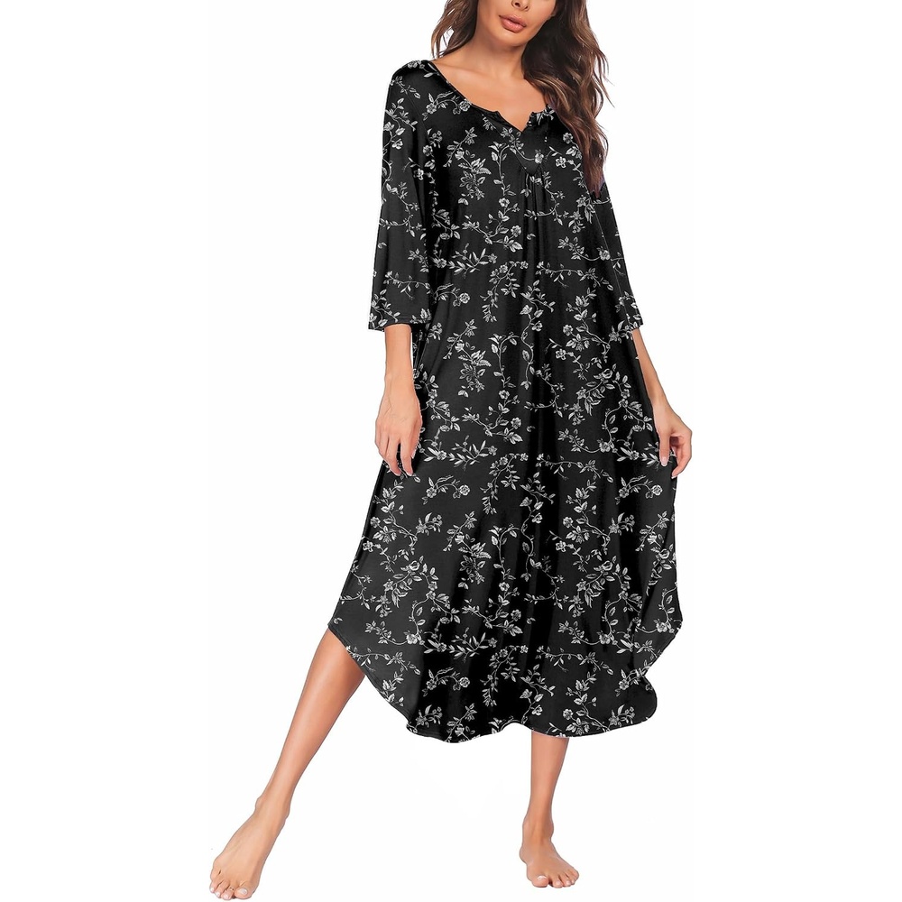 image:imageEkouaer Long Nightgowns for Women Plus Size 34 Sleeve Night Gown Winter Nightgown V Neck Sleepshirts Womens House Dress Maxi Night Shirts Soft Moo Moos for Women Full Length Lounge DressBlack White Floral