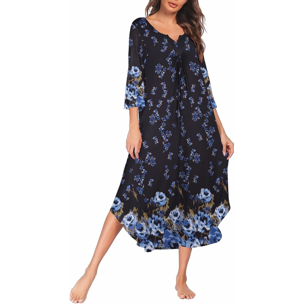 image:imageEkouaer Long Nightgowns for Women Plus Size 34 Sleeve Night Gown Winter Nightgown V Neck Sleepshirts Womens House Dress Maxi Night Shirts Soft Moo Moos for Women Full Length Lounge DressBlack Blue Floral