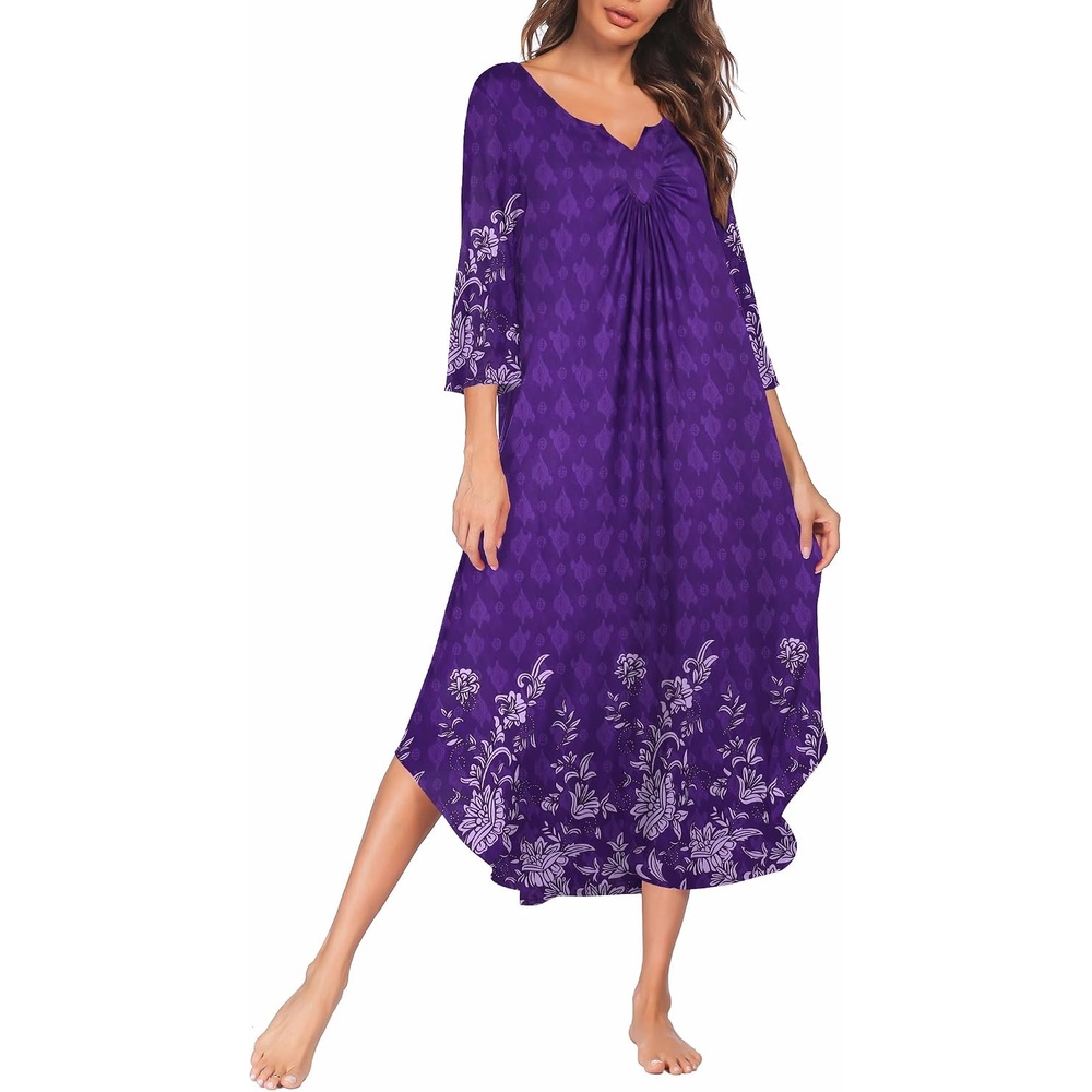 image:imageEkouaer Long Nightgowns for Women Plus Size 34 Sleeve Night Gown Winter Nightgown V Neck Sleepshirts Womens House Dress Maxi Night Shirts Soft Moo Moos for Women Full Length Lounge DressViolet Floral
