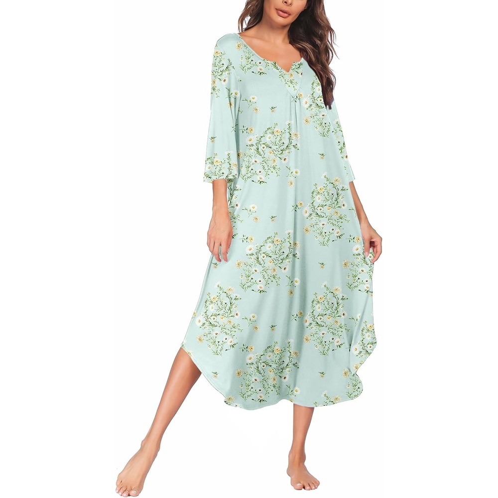 image:imageEkouaer Long Nightgowns for Women Plus Size 34 Sleeve Night Gown Winter Nightgown V Neck Sleepshirts Womens House Dress Maxi Night Shirts Soft Moo Moos for Women Full Length Lounge DressLittle Daisy