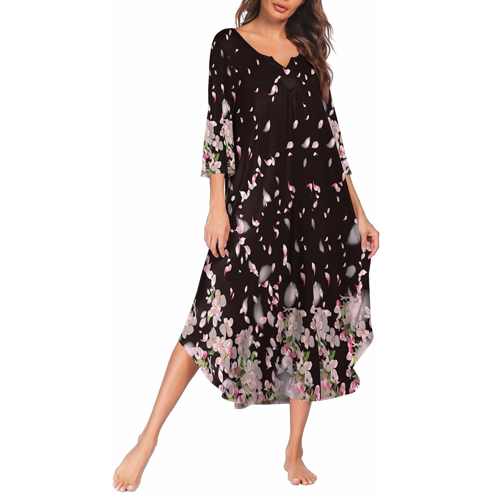 image:imageEkouaer Long Nightgowns for Women Plus Size 34 Sleeve Night Gown Winter Nightgown V Neck Sleepshirts Womens House Dress Maxi Night Shirts Soft Moo Moos for Women Full Length Lounge DressBlack Begonia Flowers