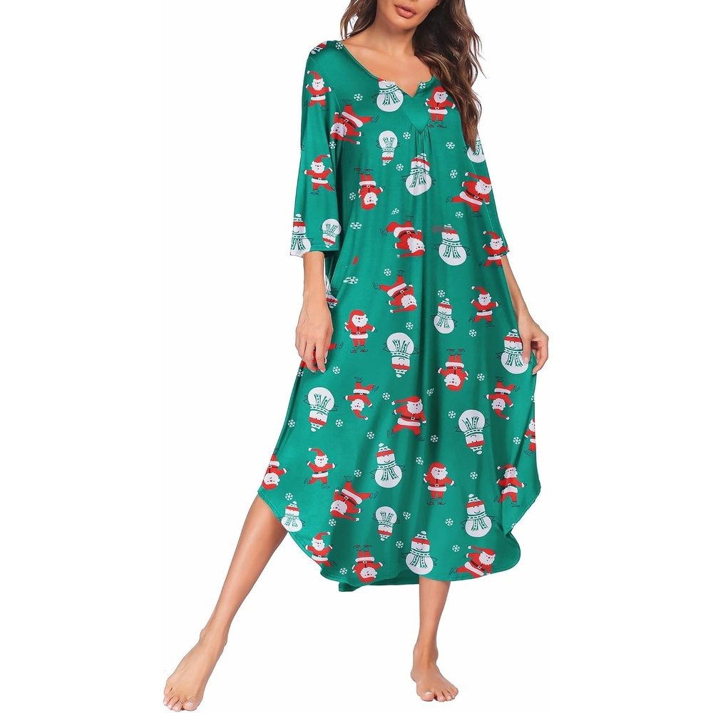 image:imageEkouaer Long Nightgowns for Women Plus Size 34 Sleeve Night Gown Winter Nightgown V Neck Sleepshirts Womens House Dress Maxi Night Shirts Soft Moo Moos for Women Full Length Lounge DressChristmas Green