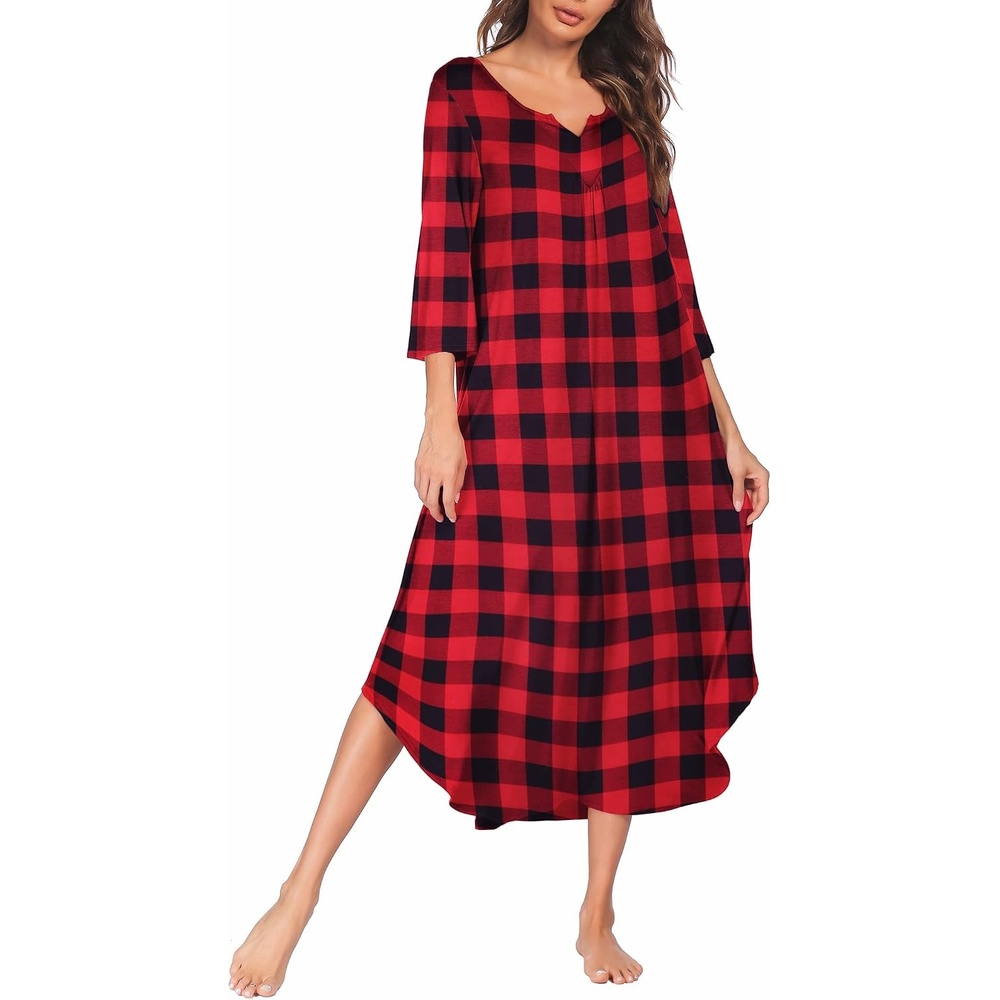 image:imageEkouaer Long Nightgowns for Women Plus Size 34 Sleeve Night Gown Winter Nightgown V Neck Sleepshirts Womens House Dress Maxi Night Shirts Soft Moo Moos for Women Full Length Lounge DressRed Plaid
