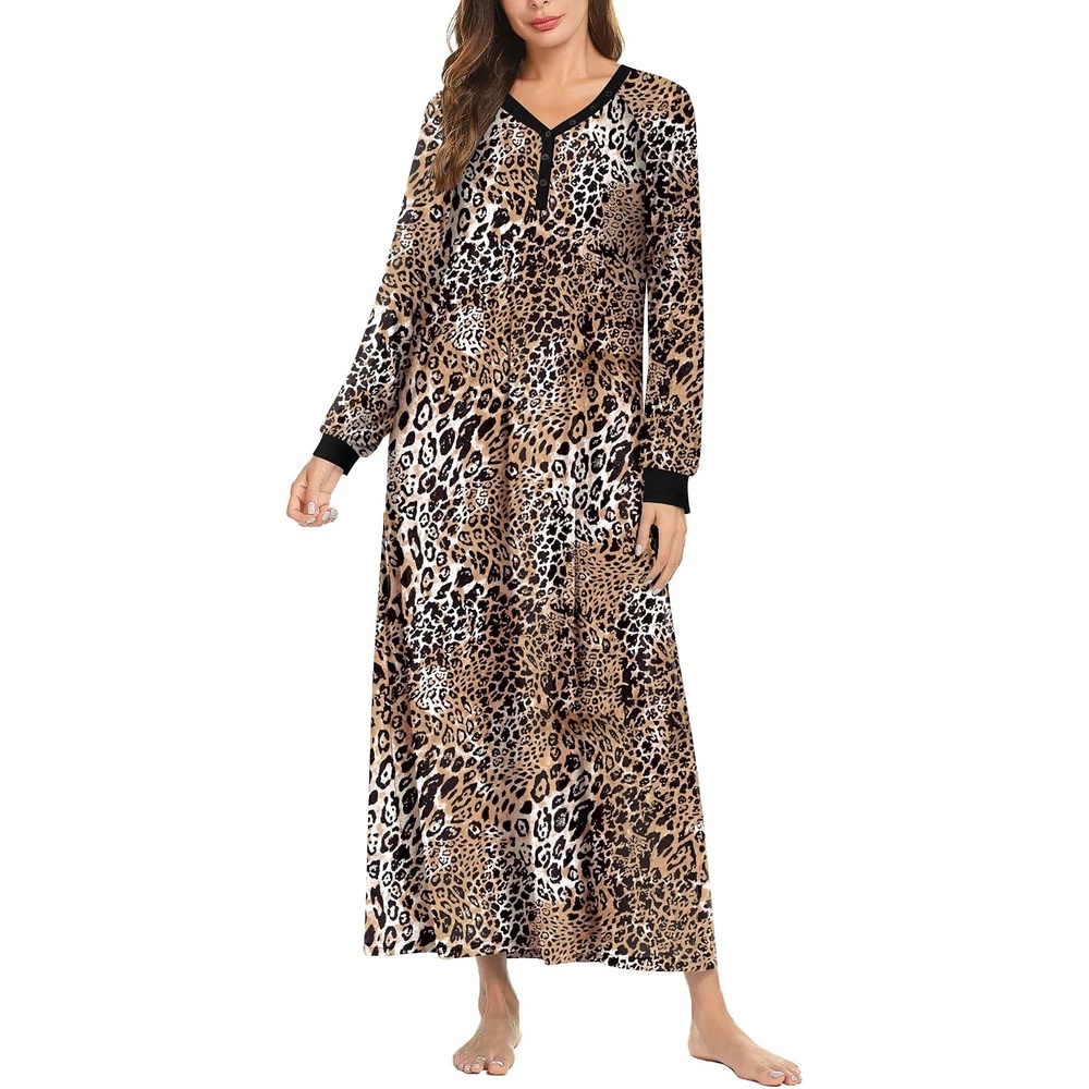 image:imageEkouaer Nightgown for Women Long Sleeve Sleepshirt Full Length NightshirtBrown Leopard Print