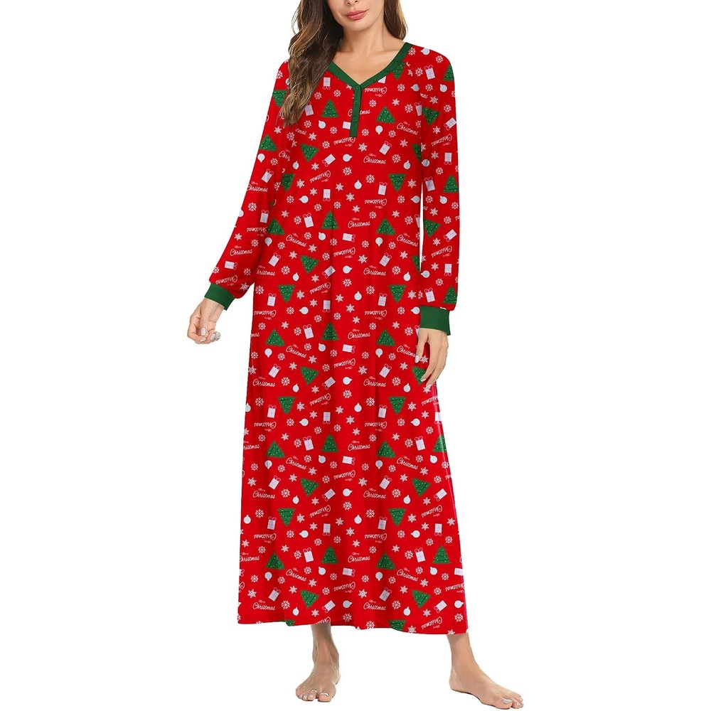 image:imageEkouaer Nightgown for Women Long Sleeve Sleepshirt Full Length NightshirtXmas Printred