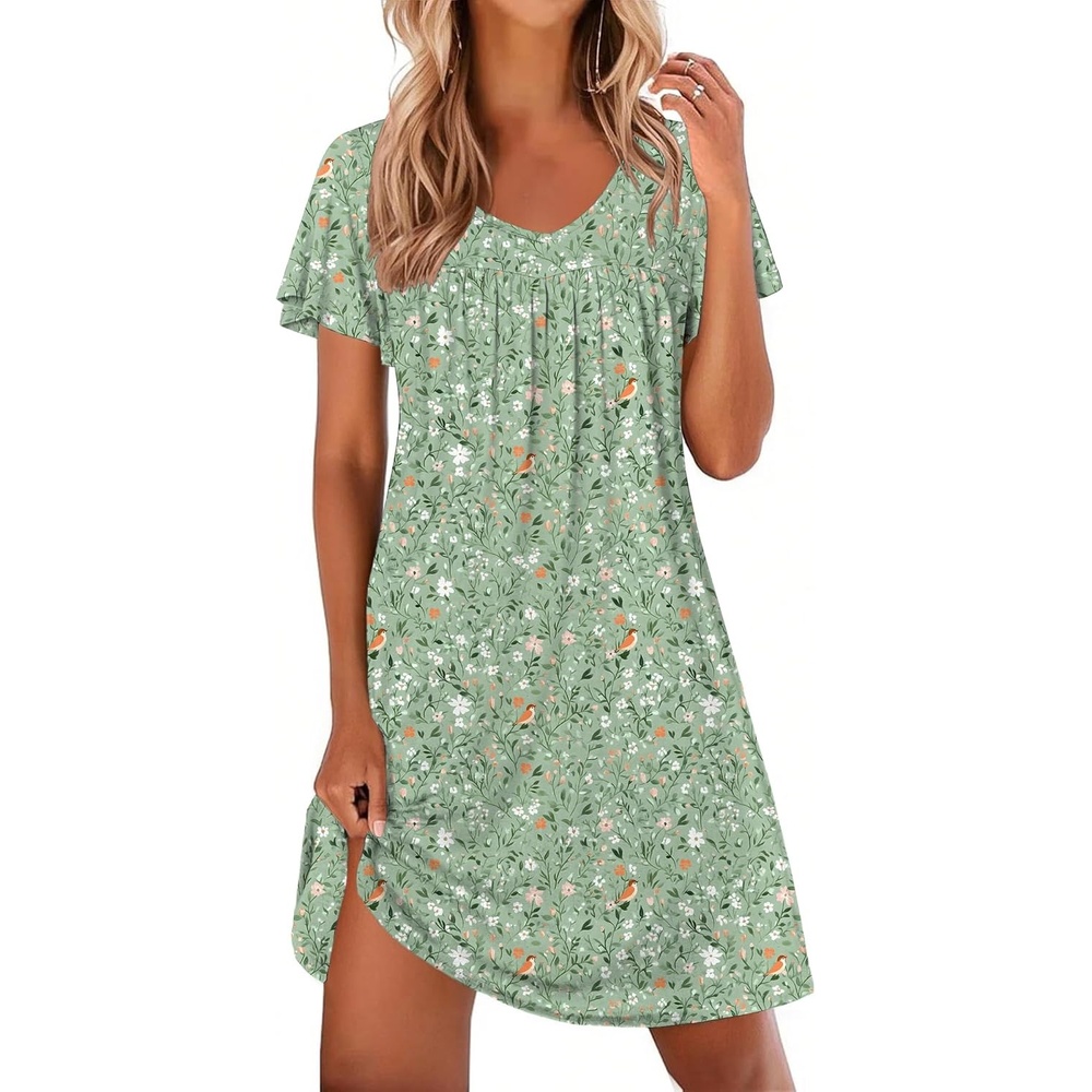 image:imageEkouaer Nightgowns for Women Short Sleeve Sleep Shirts Pleated Night Dress V Neck Night Shirts Soft House DressGreen Leaves