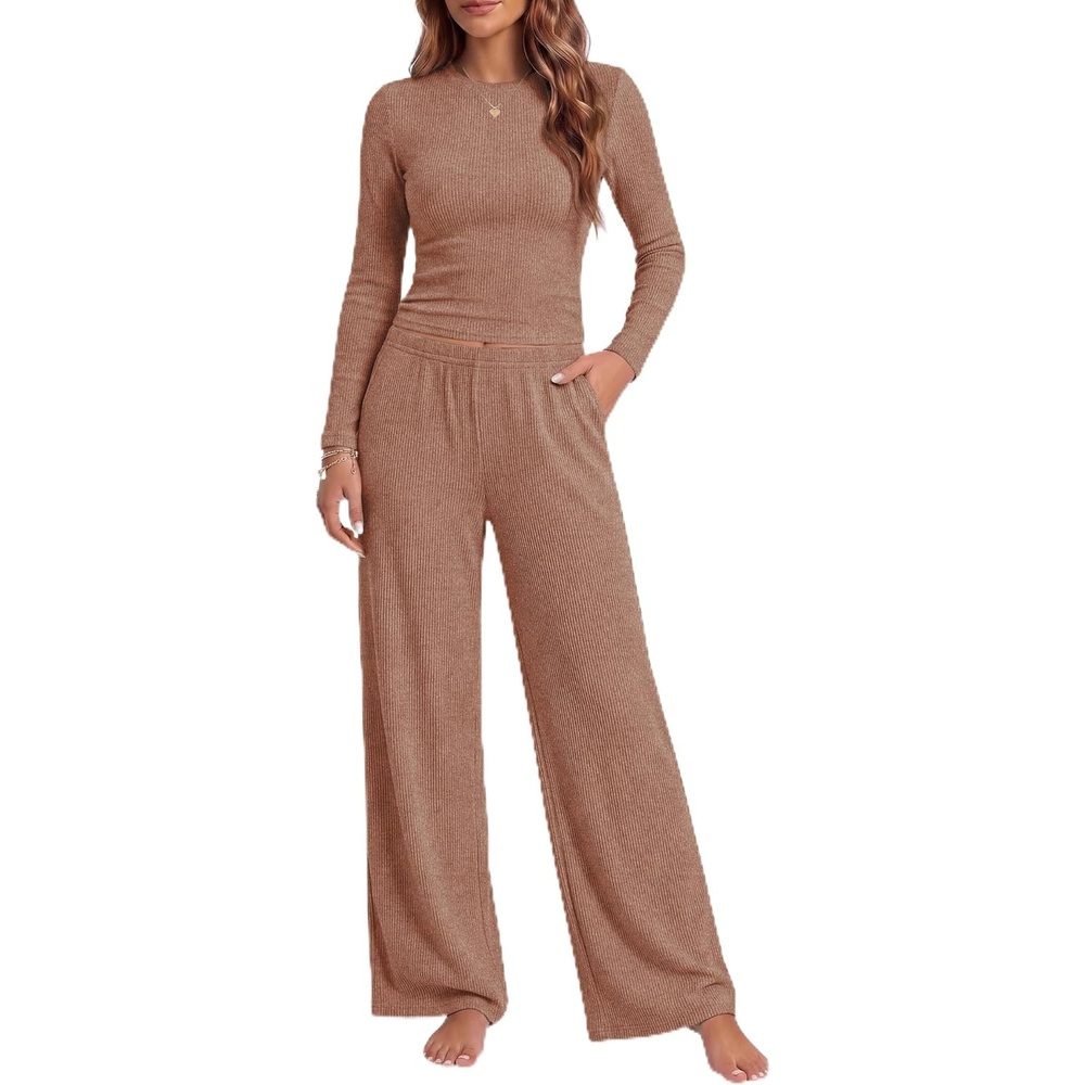 image:imageEkouaer Pajamas for Women Set Long Sleeve Ribbed Knit Fall Lounge Set  Slim Fit Tops and Wide Leg Pants with Pockets Soft Pjs Casual Loungewear 2 Piece Matching SetCaramel