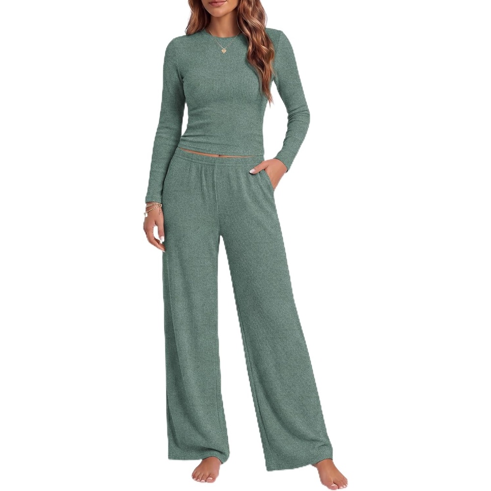 image:imageEkouaer Pajamas for Women Set Long Sleeve Ribbed Knit Fall Lounge Set Slim Fit Tops and Wide Leg Pants with Pockets Soft Pjs Casual Loungewear 2 Piece Matching SetGreen