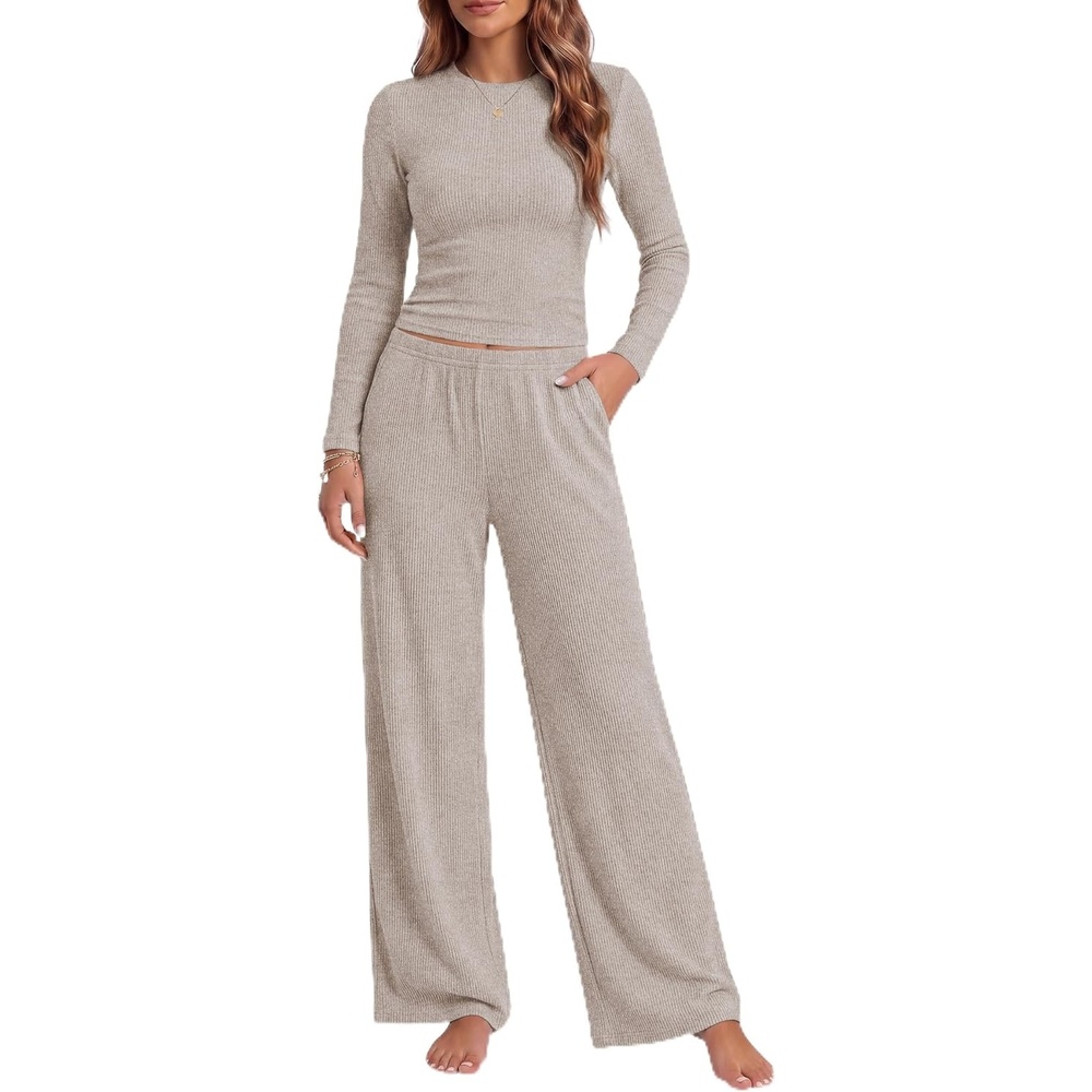 image:imageEkouaer Pajamas for Women Set Long Sleeve Ribbed Knit Fall Lounge Set Slim Fit Tops and Wide Leg Pants with Pockets Soft Pjs Casual Loungewear 2 Piece Matching SetKhaki