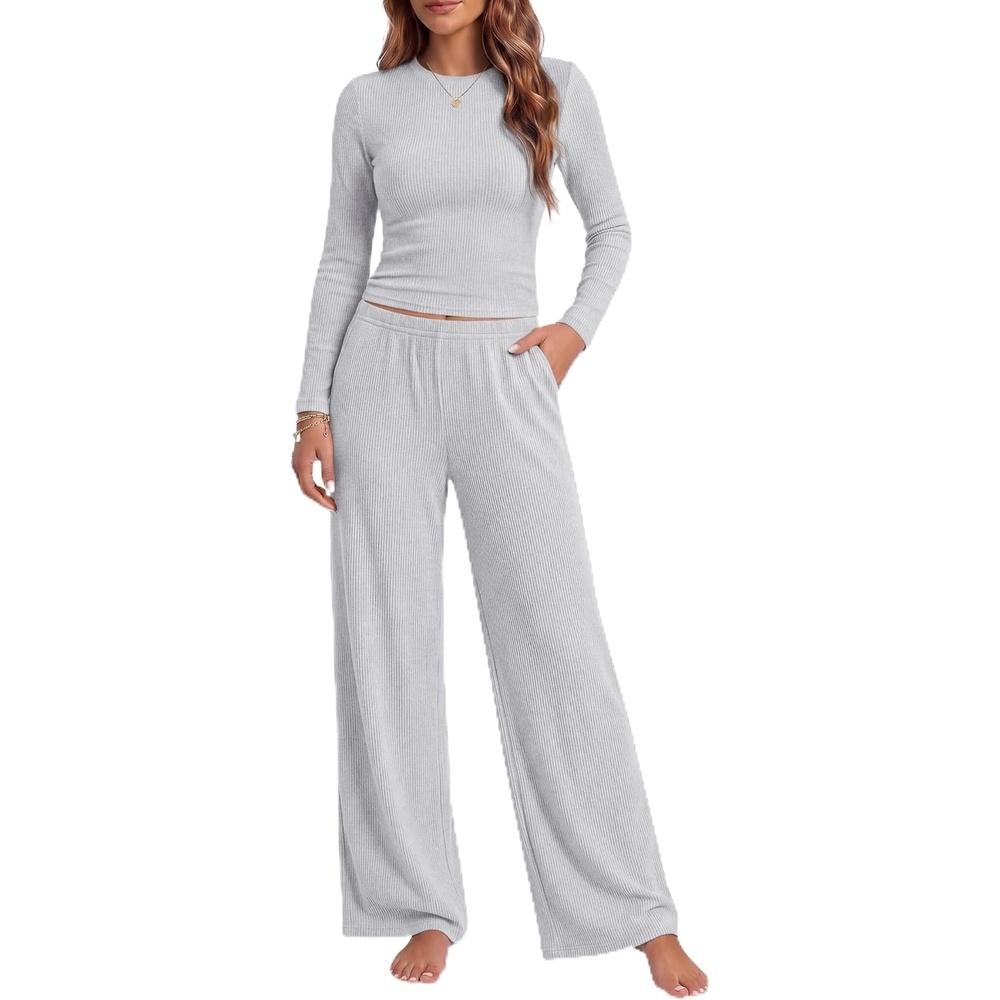 image:imageEkouaer Pajamas for Women Set Long Sleeve Ribbed Knit Fall Lounge Set Slim Fit Tops and Wide Leg Pants with Pockets Soft Pjs Casual Loungewear 2 Piece Matching SetLight Gray