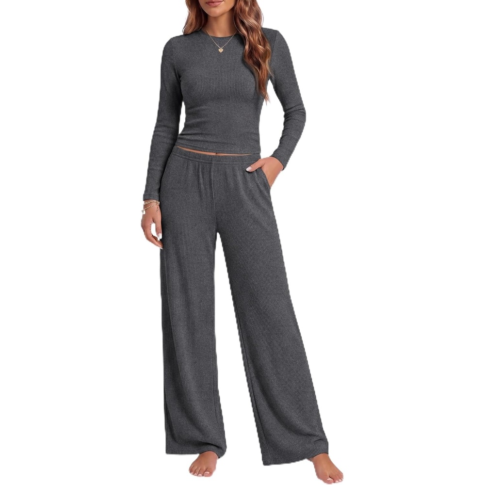 image:imageEkouaer Pajamas for Women Set Long Sleeve Ribbed Knit Fall Lounge Set  Slim Fit Tops and Wide Leg Pants with Pockets Soft Pjs Casual Loungewear 2 Piece Matching SetDark Gray